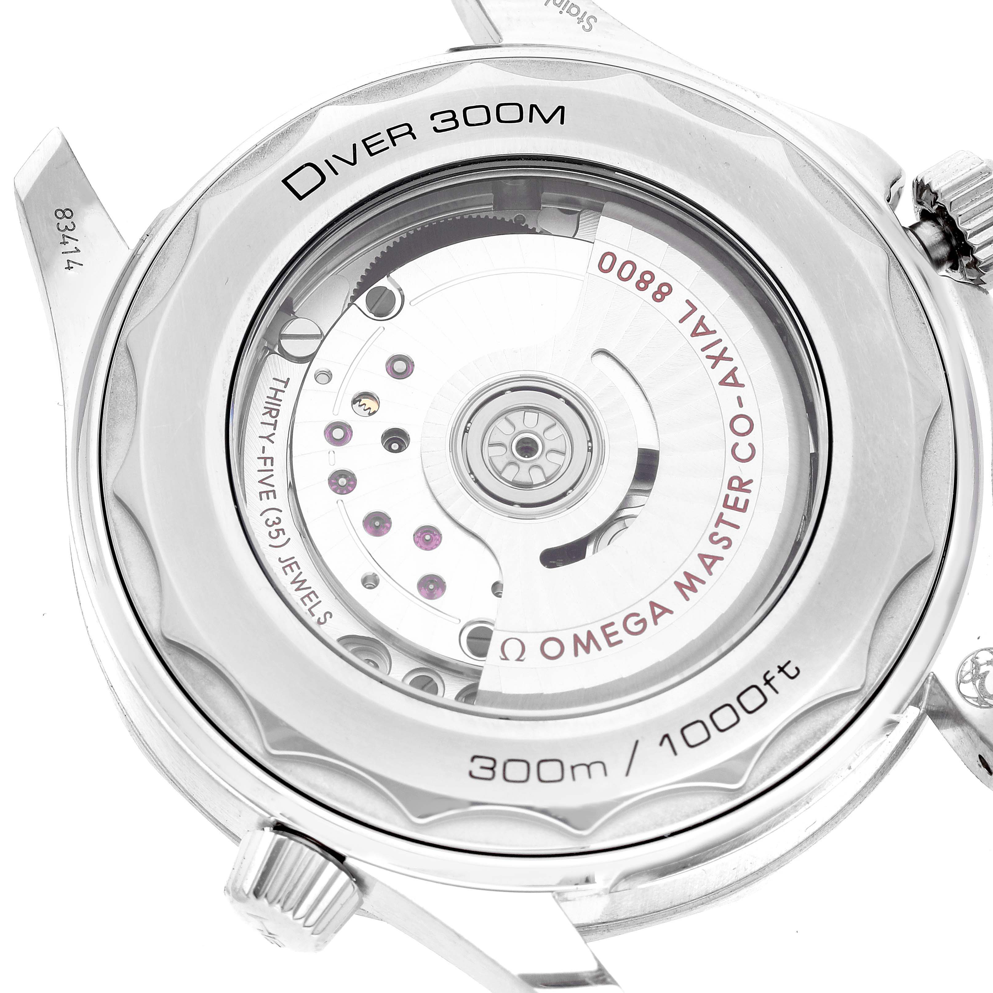 The image shows the back of an Omega Seamaster 210.32.42.20.03.001 Men
s Stainless Steel Blue Dial 210.32.42.20.03.001 Men
s Stainless Steel Blue Dial Diver 300M, revealing the movement and inner mechanisms.