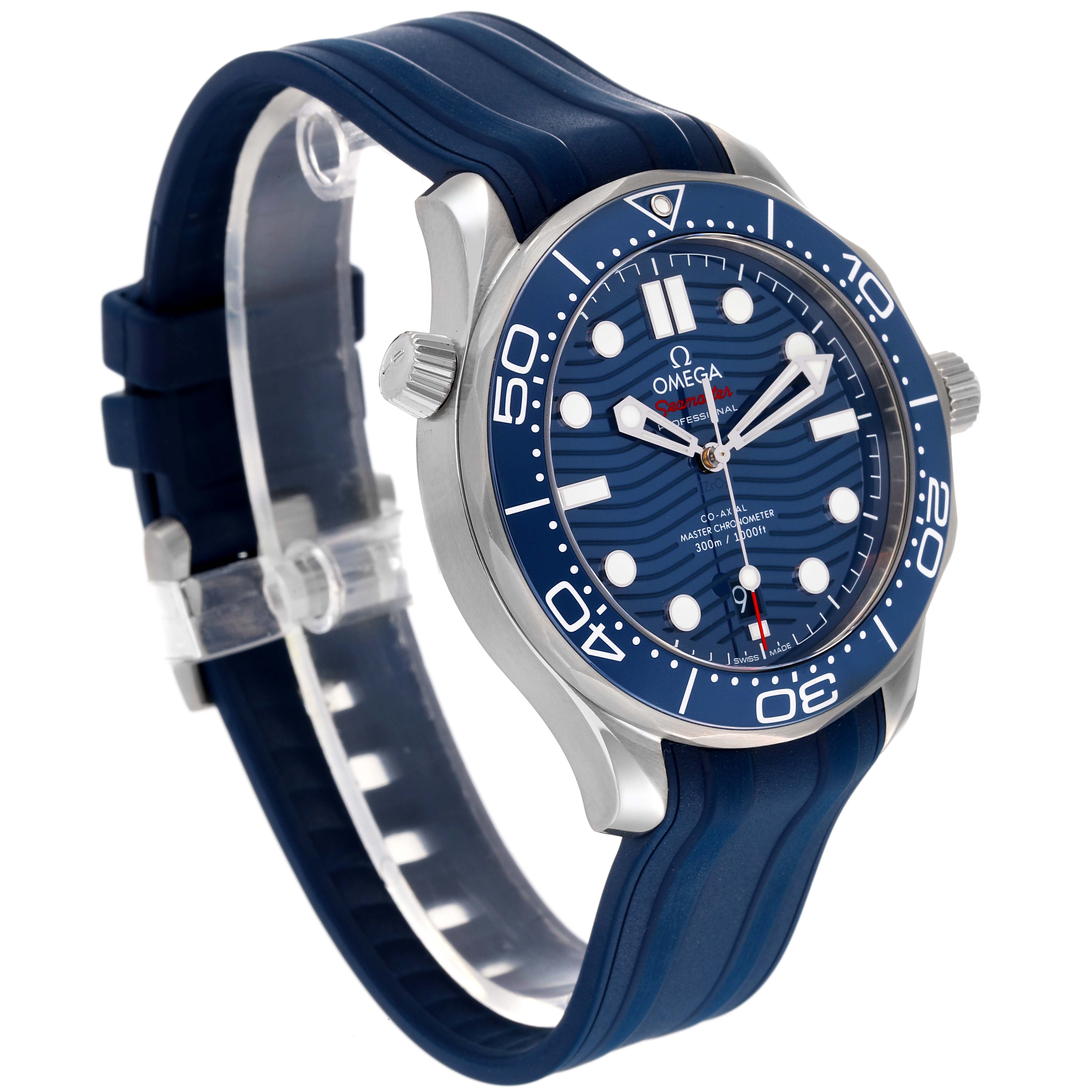 The image shows a side angle of the Omega Seamaster 210.32.42.20.03.001 Men
s Stainless Steel Blue Dial 210.32.42.20.03.001 Men
s Stainless Steel Blue Dial watch, highlighting its blue dial, stainless steel case, and blue rubber strap.