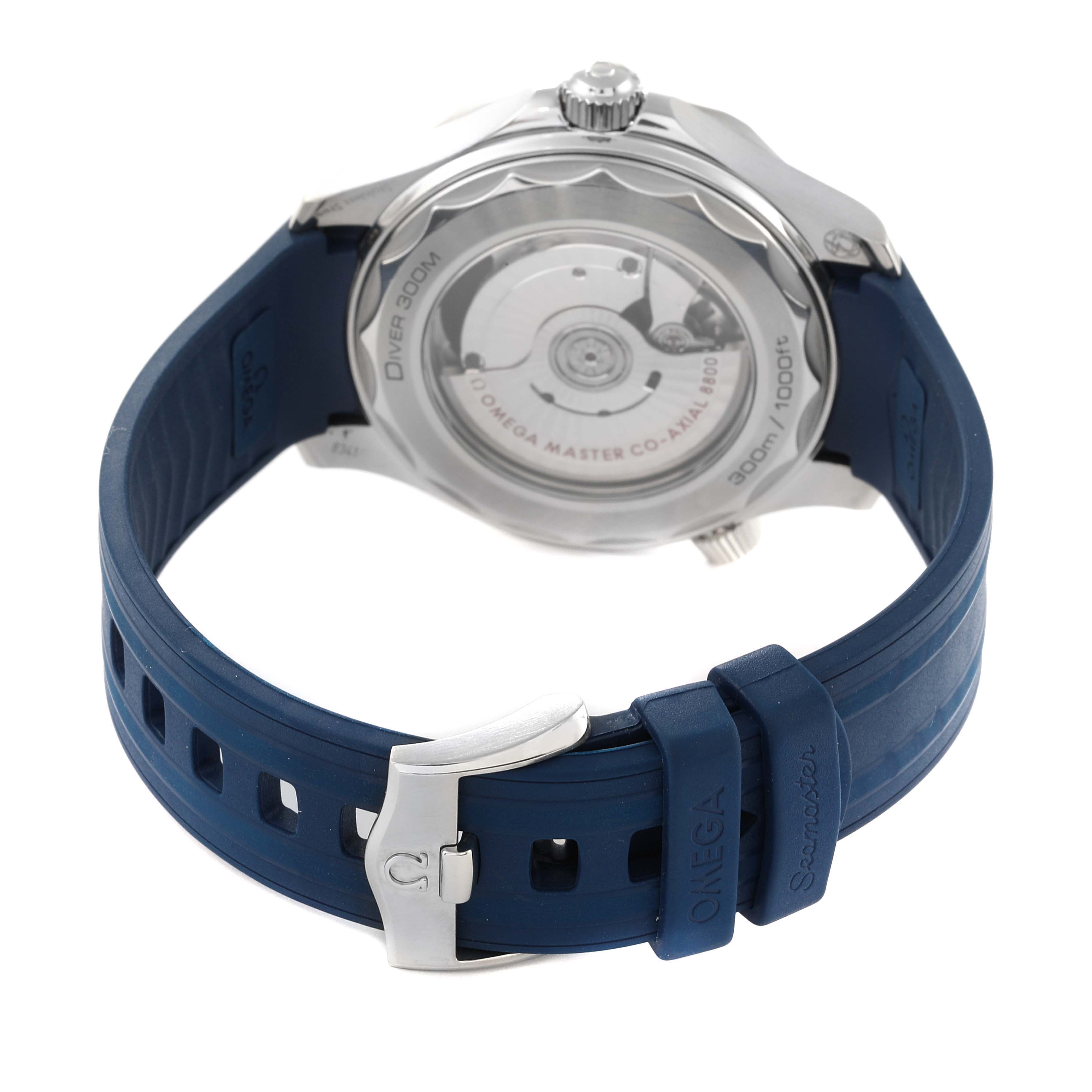 This image shows the back view of an Omega Seamaster 210.32.42.20.03.001 Men
s Stainless Steel Blue Dial 210.32.42.20.03.001 Men
s Stainless Steel Blue Dial watch with a blue rubber strap.