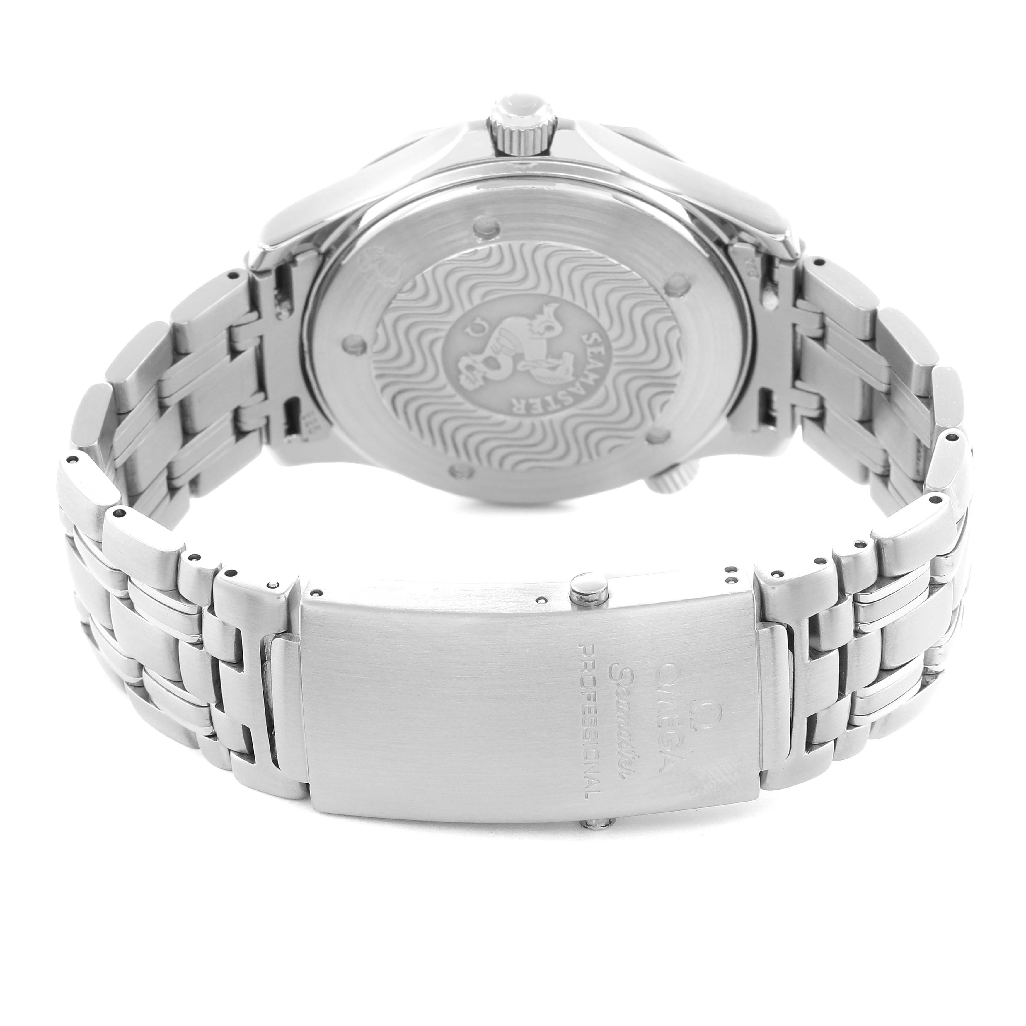 The Omega Seamaster 2531.80.00 Men
s Stainless Steel Blue Dial watch is shown from the back, highlighting the case back and bracelet clasp.