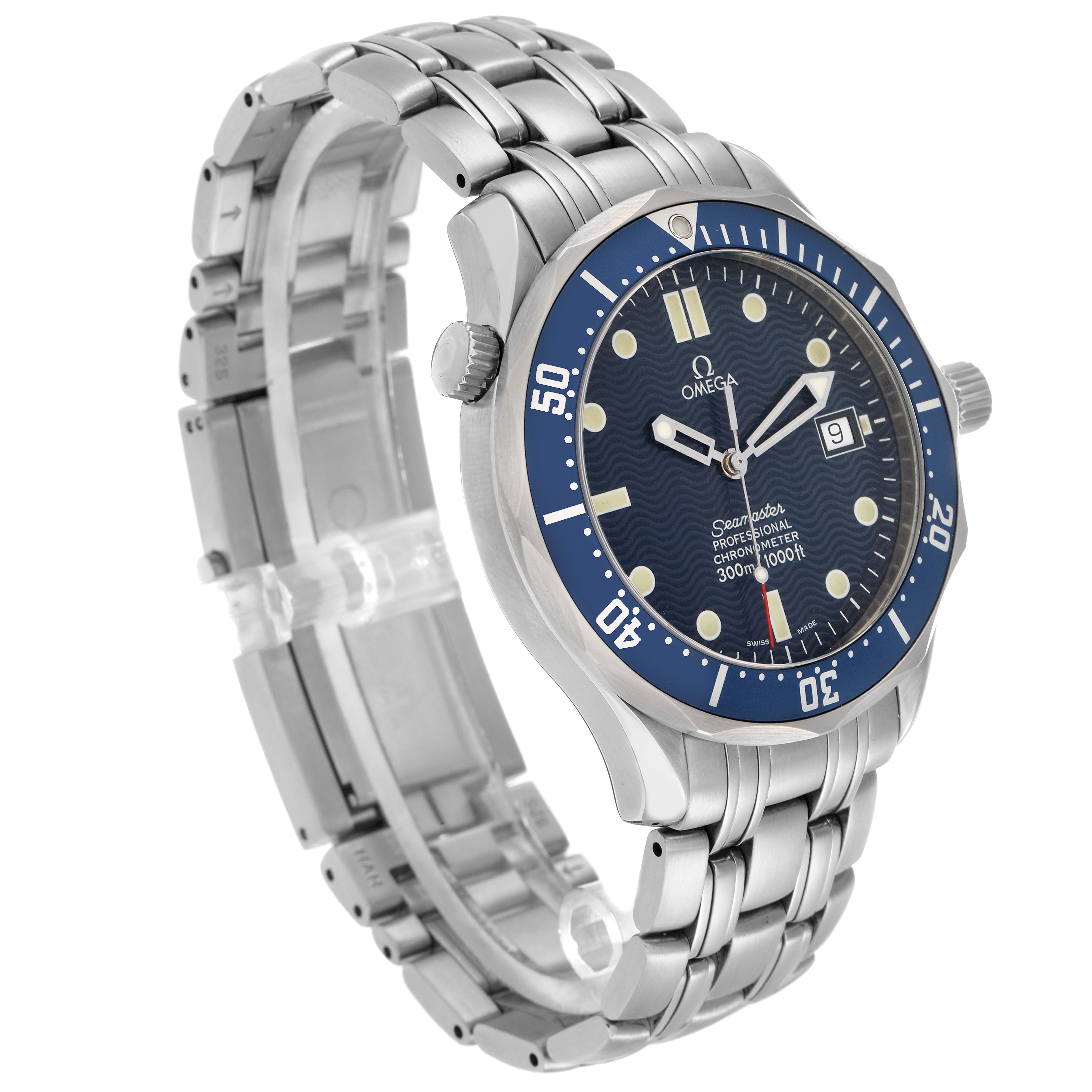 The Omega Seamaster 2531.80.00 Men
s Stainless Steel Blue Dial watch is shown at a three-quarter angle, highlighting the face, bezel, and bracelet.