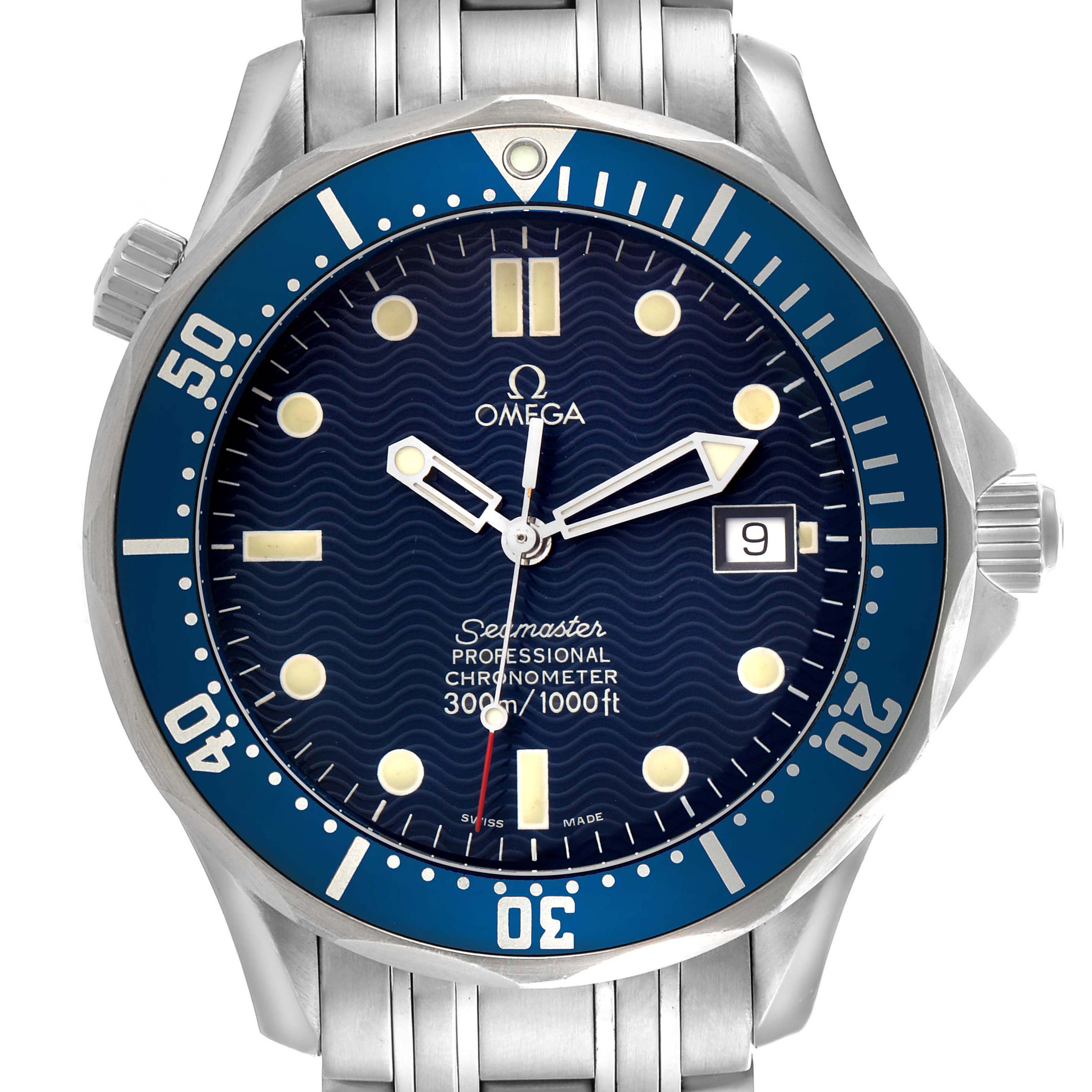 The Omega Seamaster 2531.80.00 Men
s Stainless Steel Blue Dial watch is shown from a frontal view, highlighting its bezel, dial, hands, date window, and bracelet.