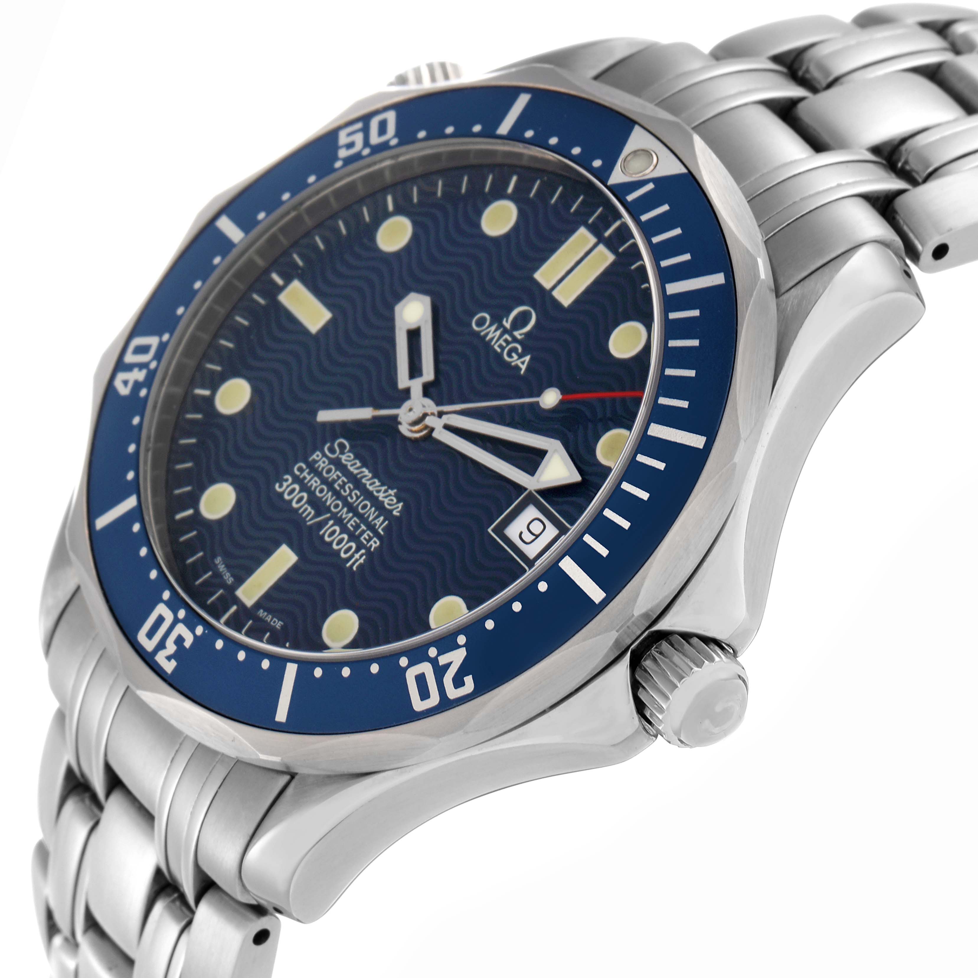 The Omega Seamaster 2531.80.00 Men
s Stainless Steel Blue Dial watch is shown at a side angle, highlighting the blue dial, bezel, crown, and stainless steel bracelet.