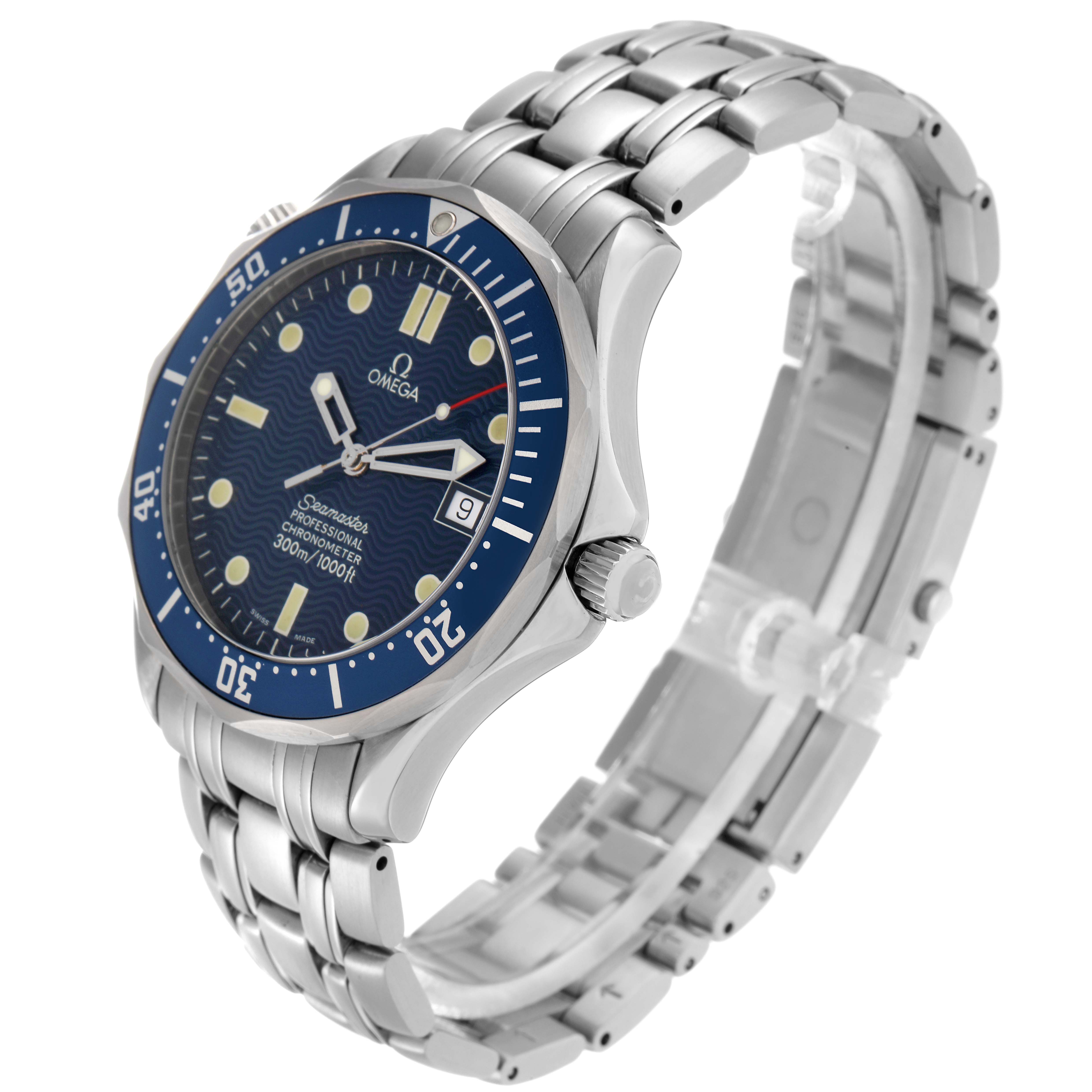 The Omega Seamaster 2531.80.00 Men
s Stainless Steel Blue Dial watch is shown at an angled view, highlighting its blue dial, bezel, and stainless steel bracelet.