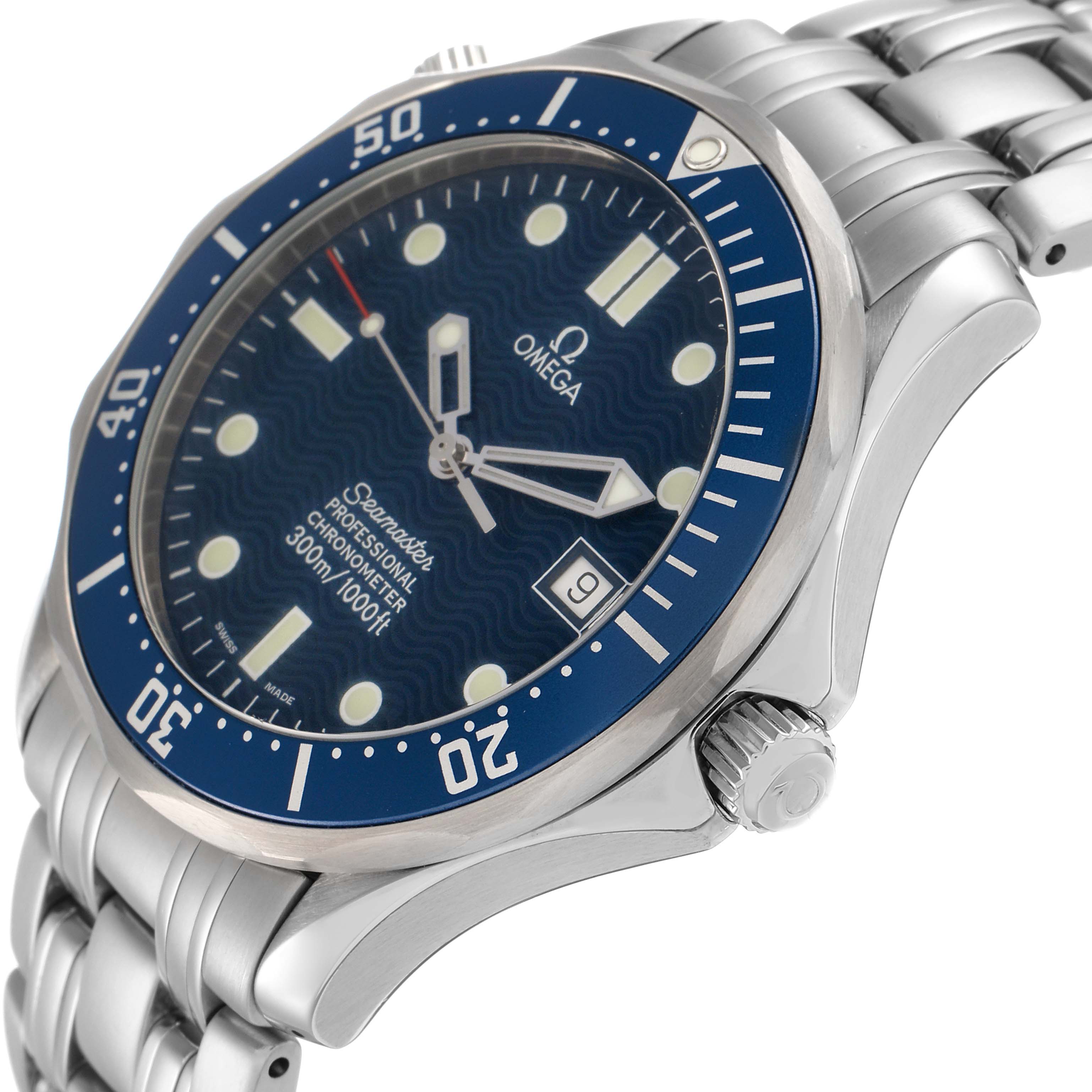 The Omega Seamaster 2531.80.00 Men
s Stainless Steel Blue Dial watch is shown at an angled side view, highlighting the bezel, dial, crown, and bracelet.