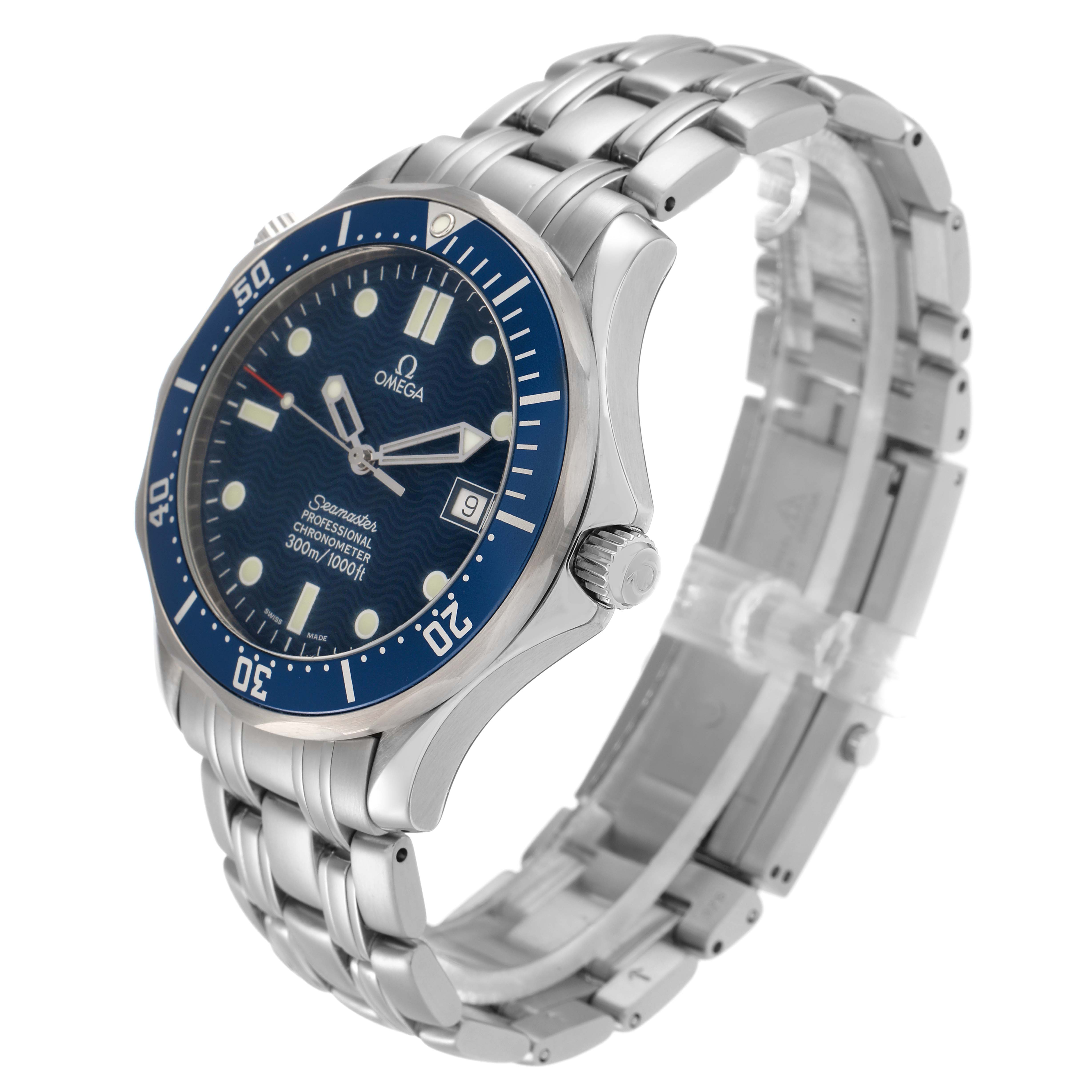 The Omega Seamaster 2531.80.00 Men
s Stainless Steel Blue Dial watch is shown from a slightly angled side view, displaying the face, bezel, crown, and bracelet.
