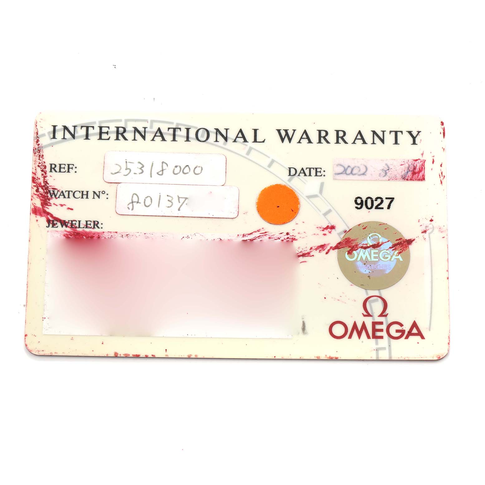 The image shows an Omega Seamaster 2531.80.00 Men
s Stainless Steel Blue Dial international warranty card with reference and serial numbers visible.