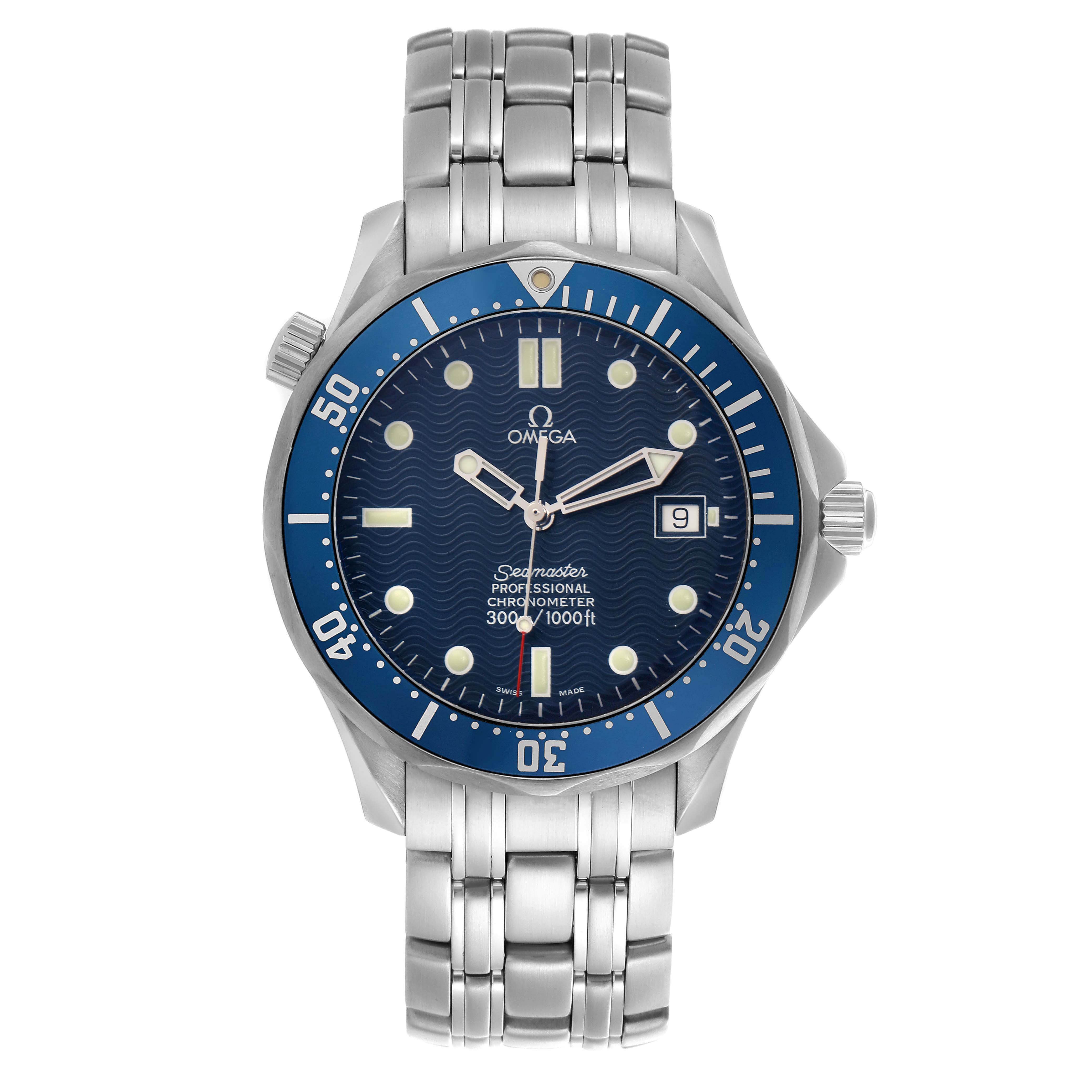 The Omega Seamaster 2531.80.00 Men
s Stainless Steel Blue Dial watch is shown from a top-down angle, displaying the face, blue bezel, and metal bracelet.