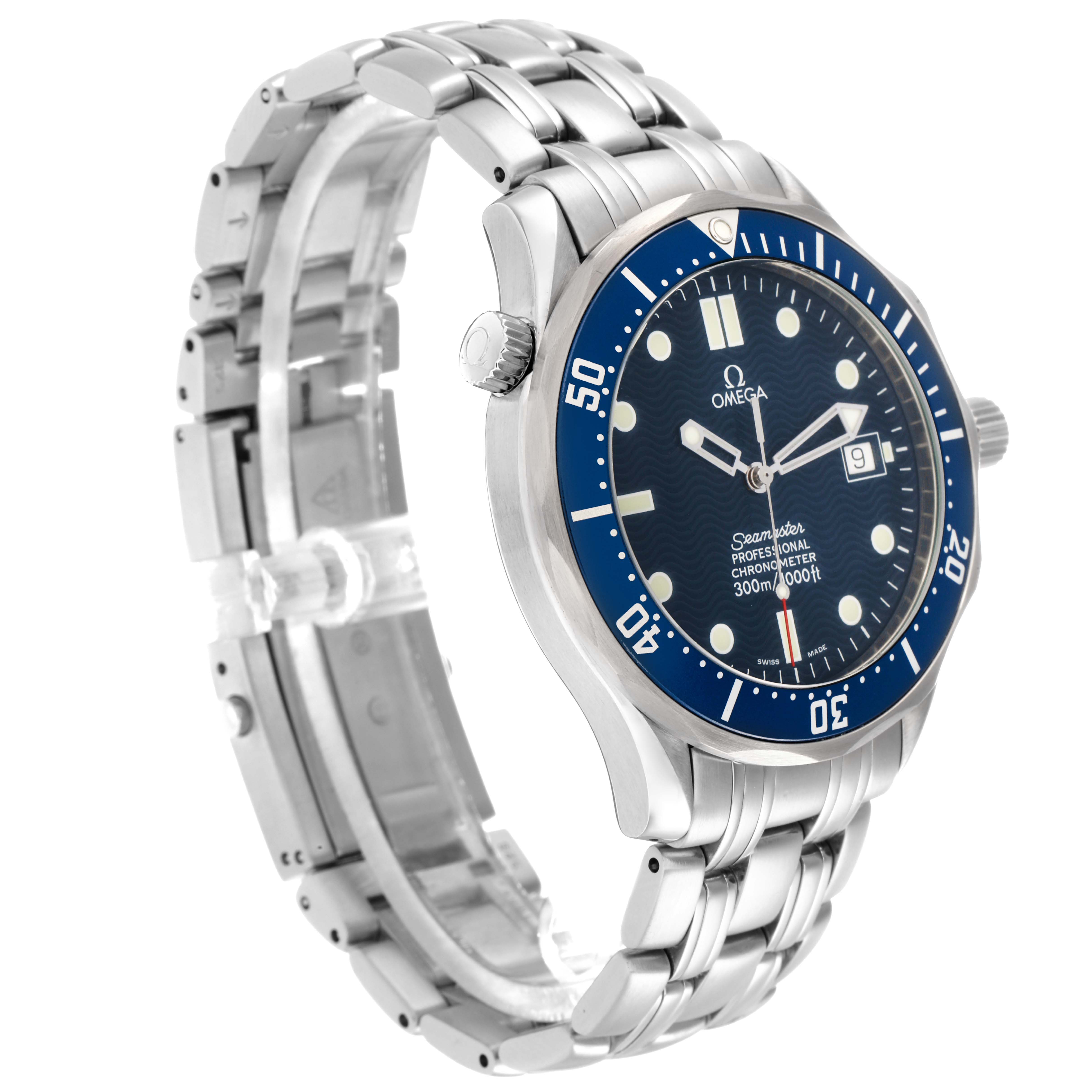The Omega Seamaster 2531.80.00 Men
s Stainless Steel Blue Dial watch is shown at an angled side view, highlighting the face, bezel, crown, and bracelet.