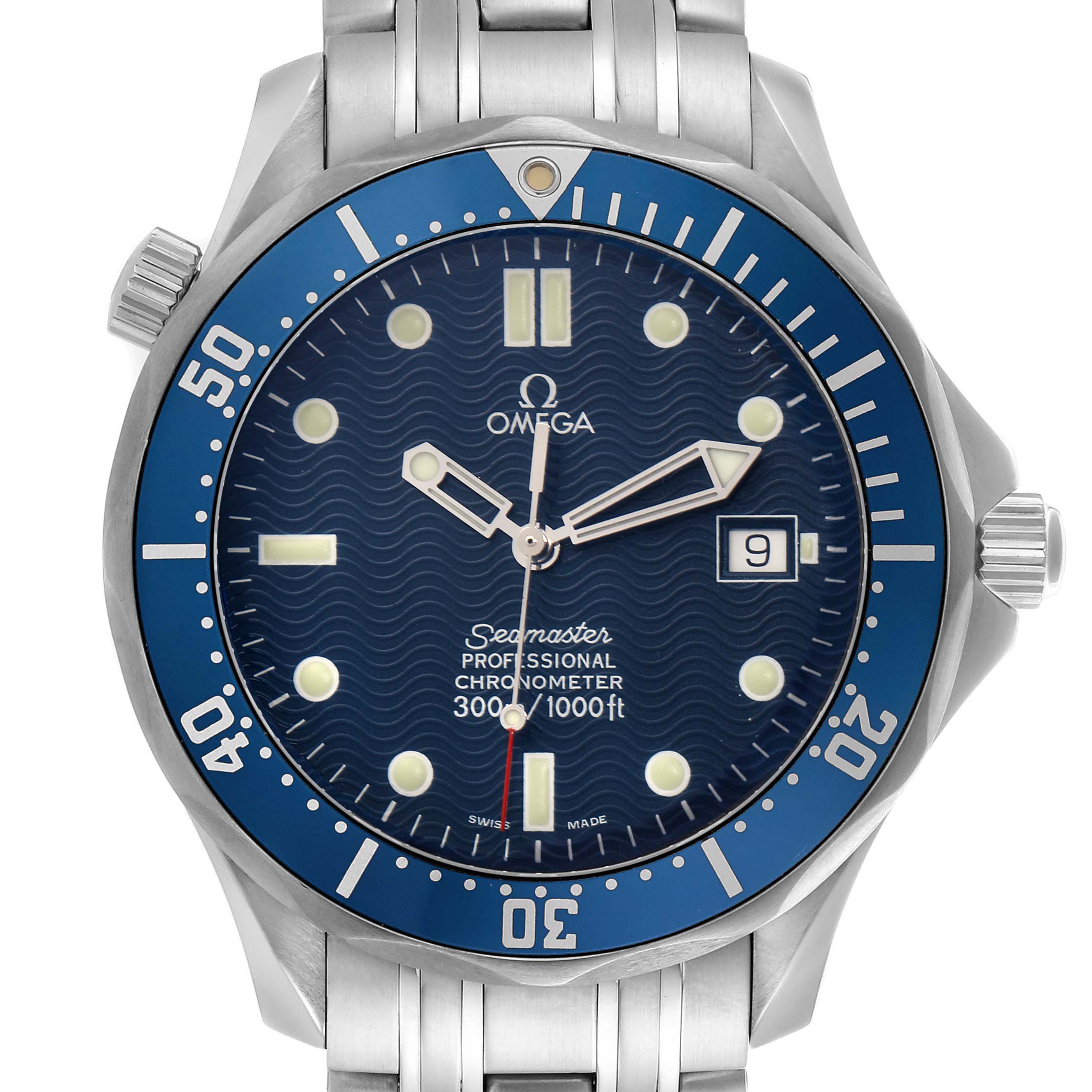 The Omega Seamaster 2531.80.00 Men
s Stainless Steel Blue Dial watch is shown from the front, displaying its blue dial, bezel, date window, and stainless steel bracelet.
