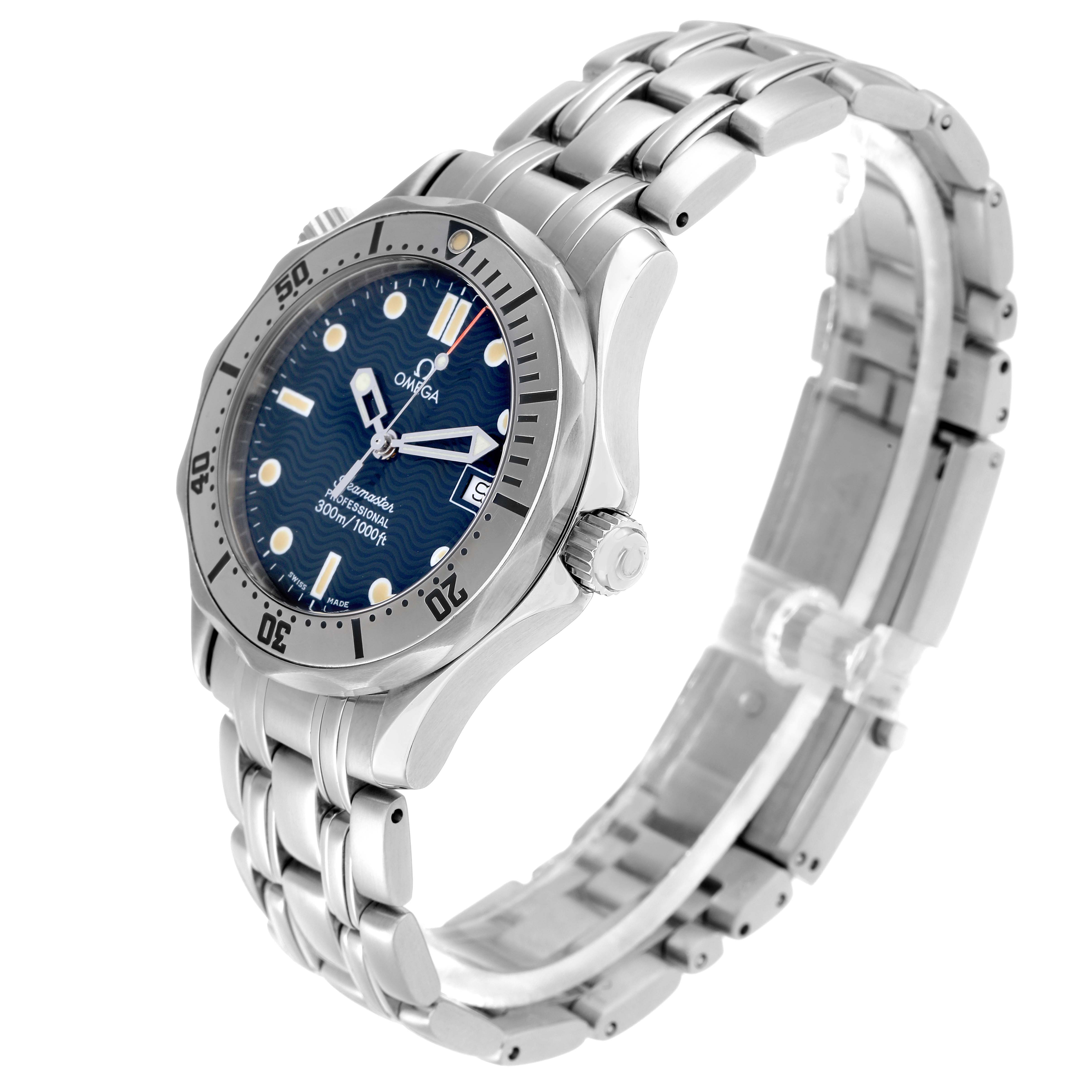 The Omega Seamaster 2562.80.00 Men
s Stainless Steel Blue Dial watch is shown at a three-quarter angle, highlighting the bracelet, bezel, and crown.