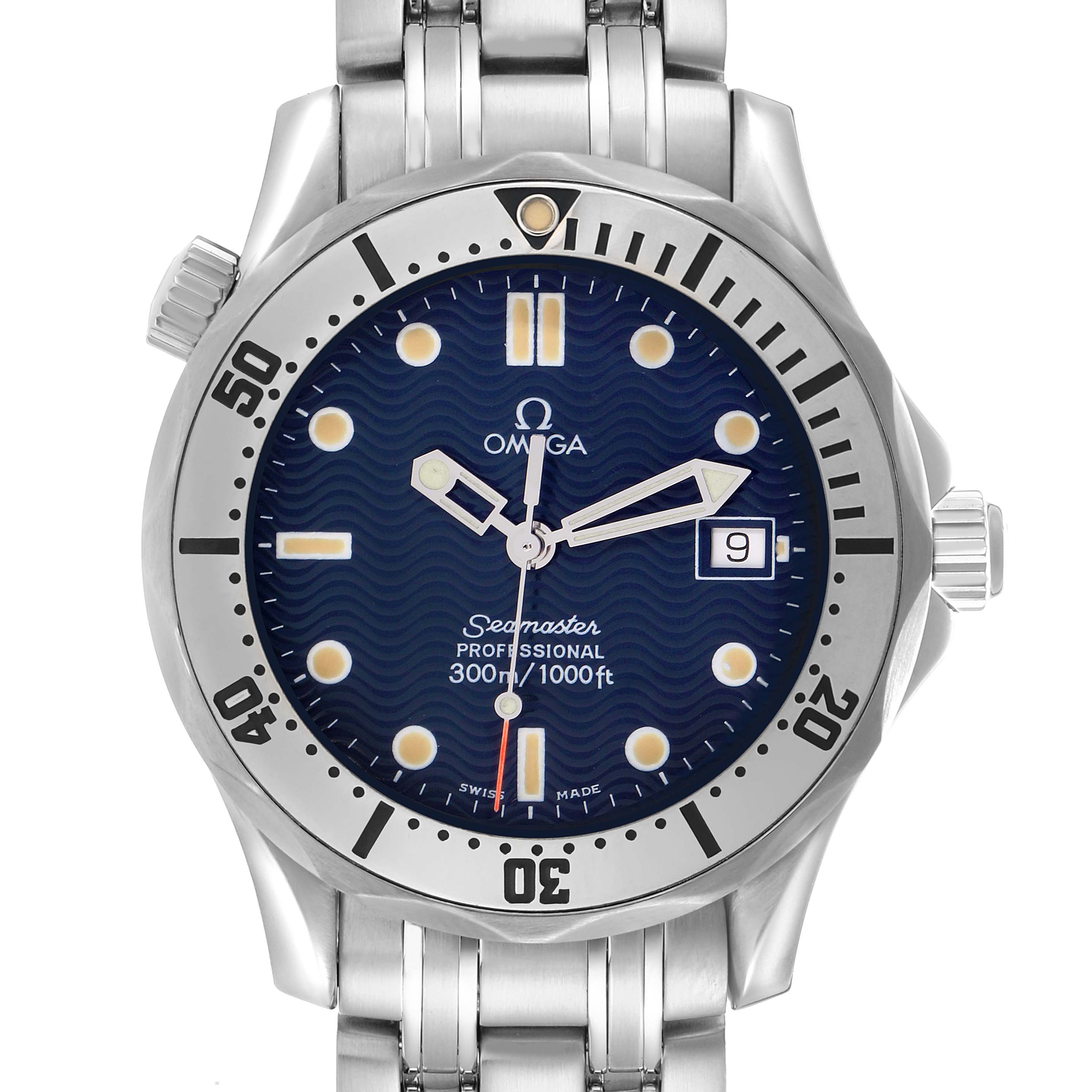 The Omega Seamaster 2562.80.00 Men
s Stainless Steel Blue Dial watch is shown from the front, displaying the dial, bezel, and part of the bracelet.