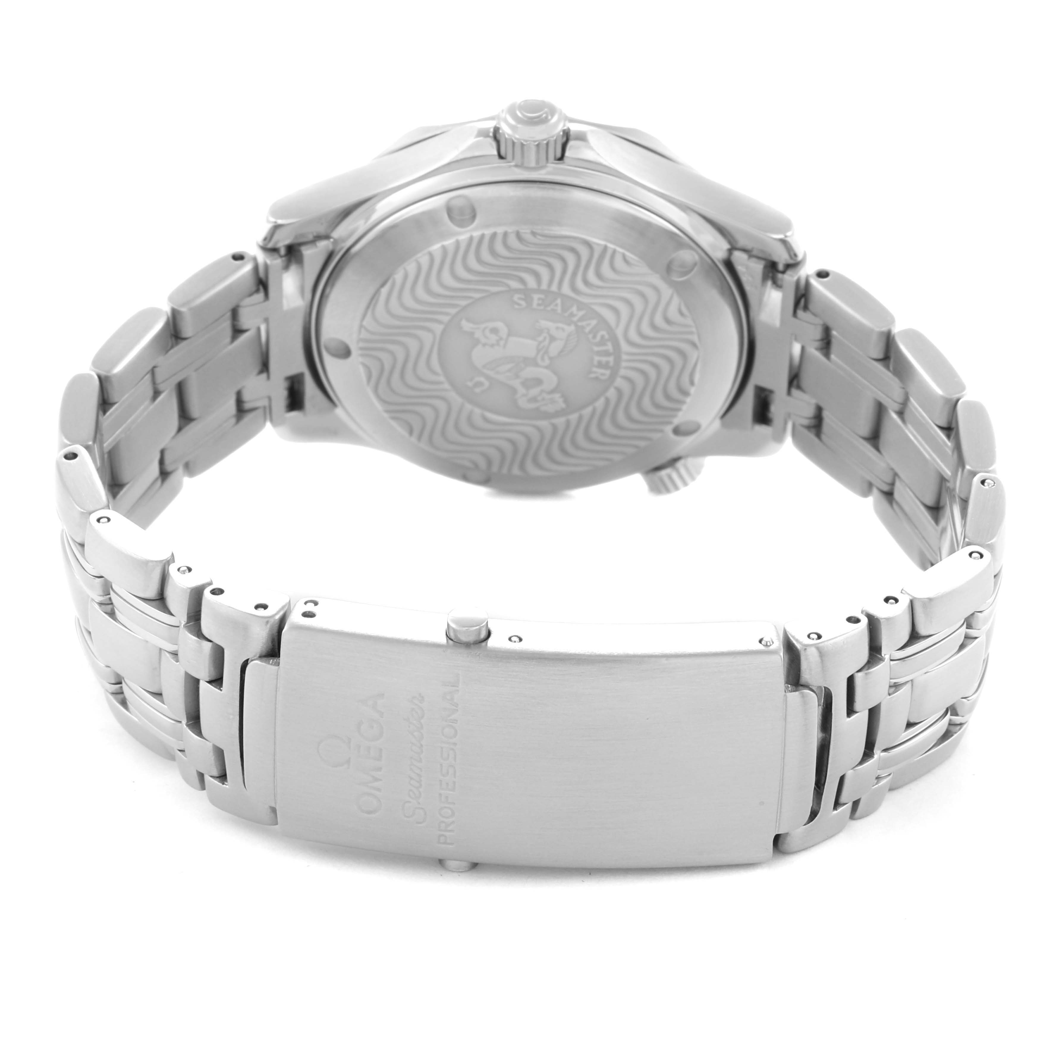 The Omega Seamaster 2562.80.00 Men
s Stainless Steel Blue Dial watch is shown from the back, highlighting the case back details and clasp on the bracelet.