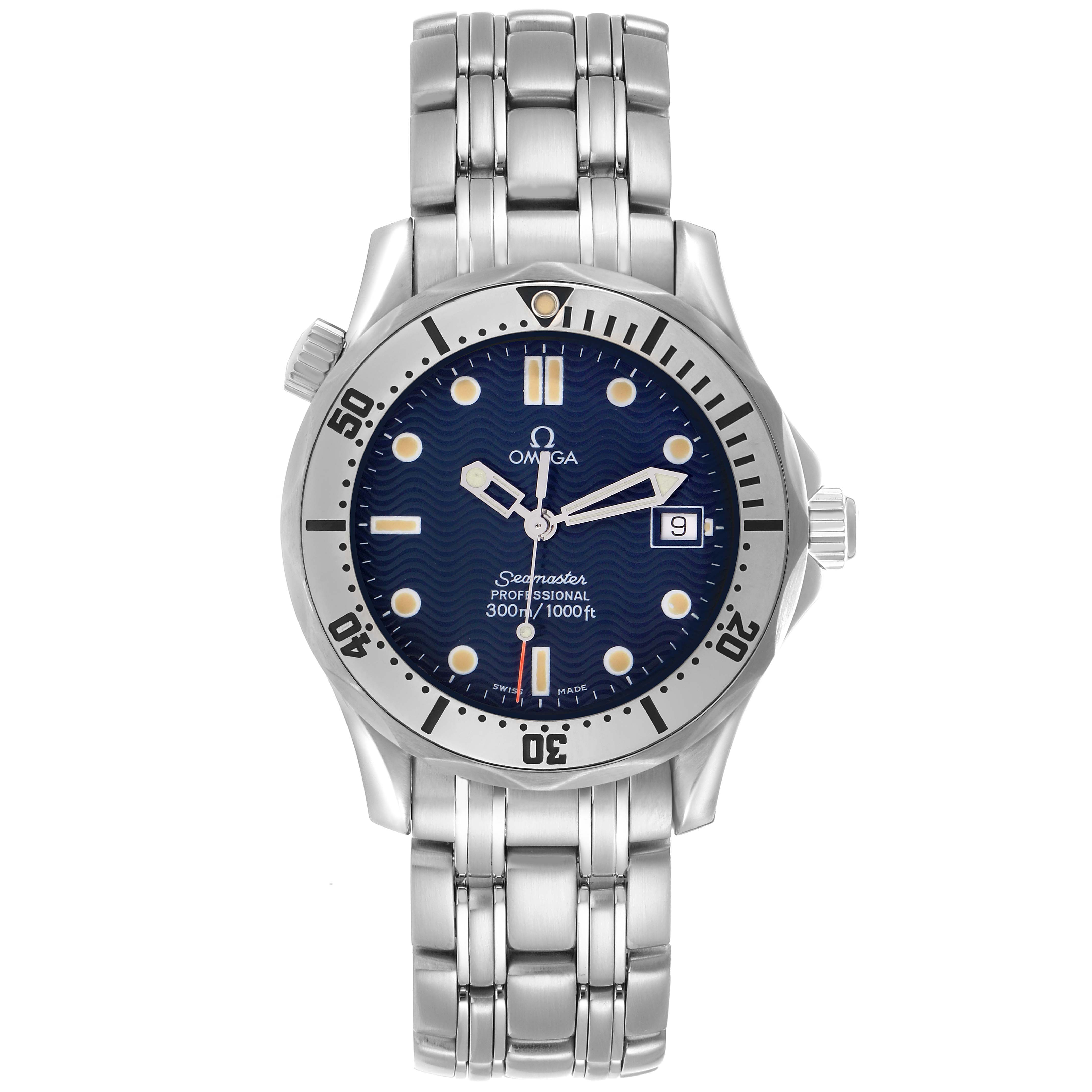 The Omega Seamaster 2562.80.00 Men
s Stainless Steel Blue Dial watch is shown from the front, displaying the face, bezel, and stainless steel bracelet.
