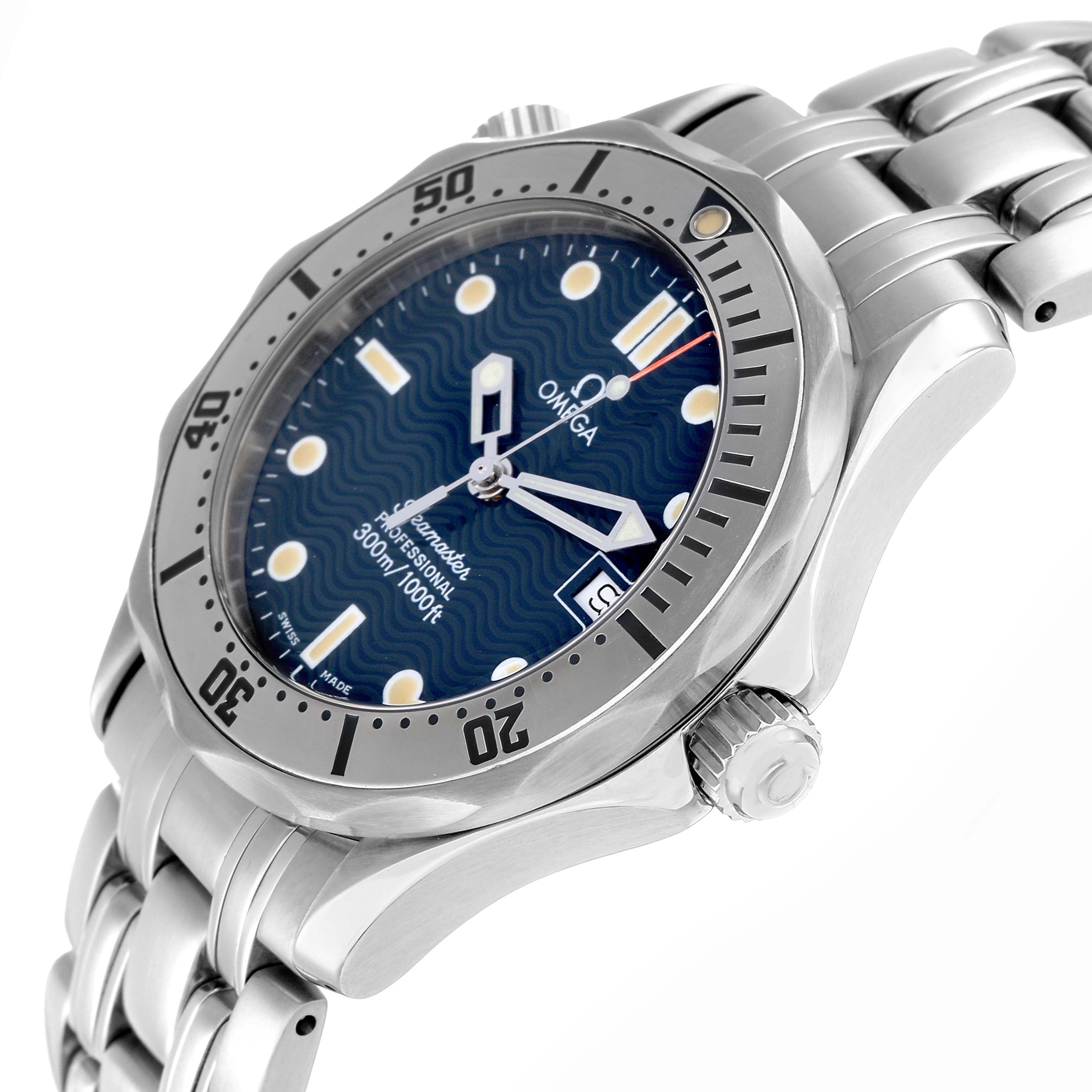 The Omega Seamaster 2562.80.00 Men
s Stainless Steel Blue Dial watch is shown at an oblique angle highlighting the bezel, crown, bracelet, and wavy blue dial with luminous markers.