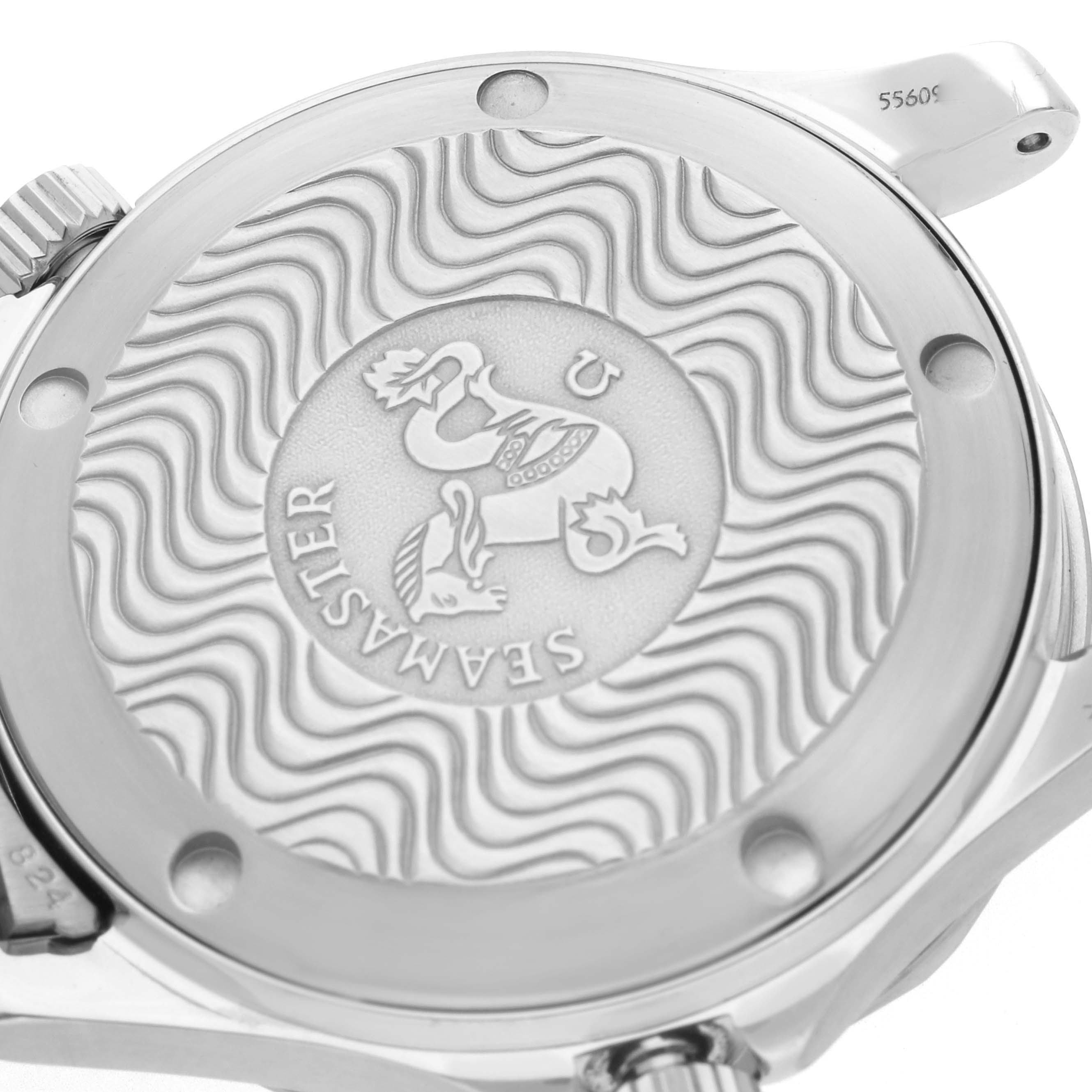 The image shows the back case of an Omega Seamaster 2562.80.00 Men
s Stainless Steel Blue Dial, highlighting the embossed logo and wave pattern.