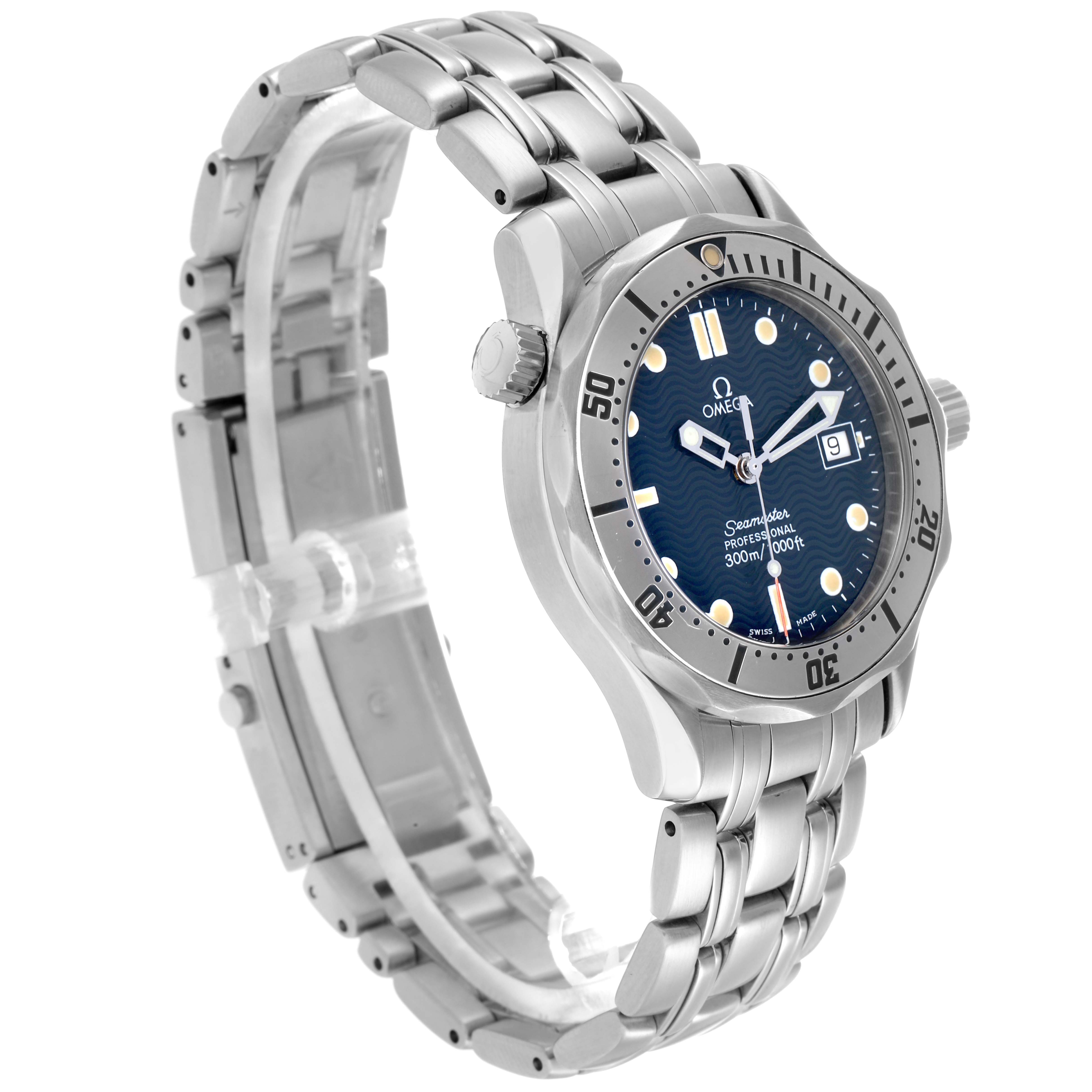 The Omega Seamaster 2562.80.00 Men
s Stainless Steel Blue Dial watch is shown at a slight angle highlighting the dial, bezel, crown, and bracelet.