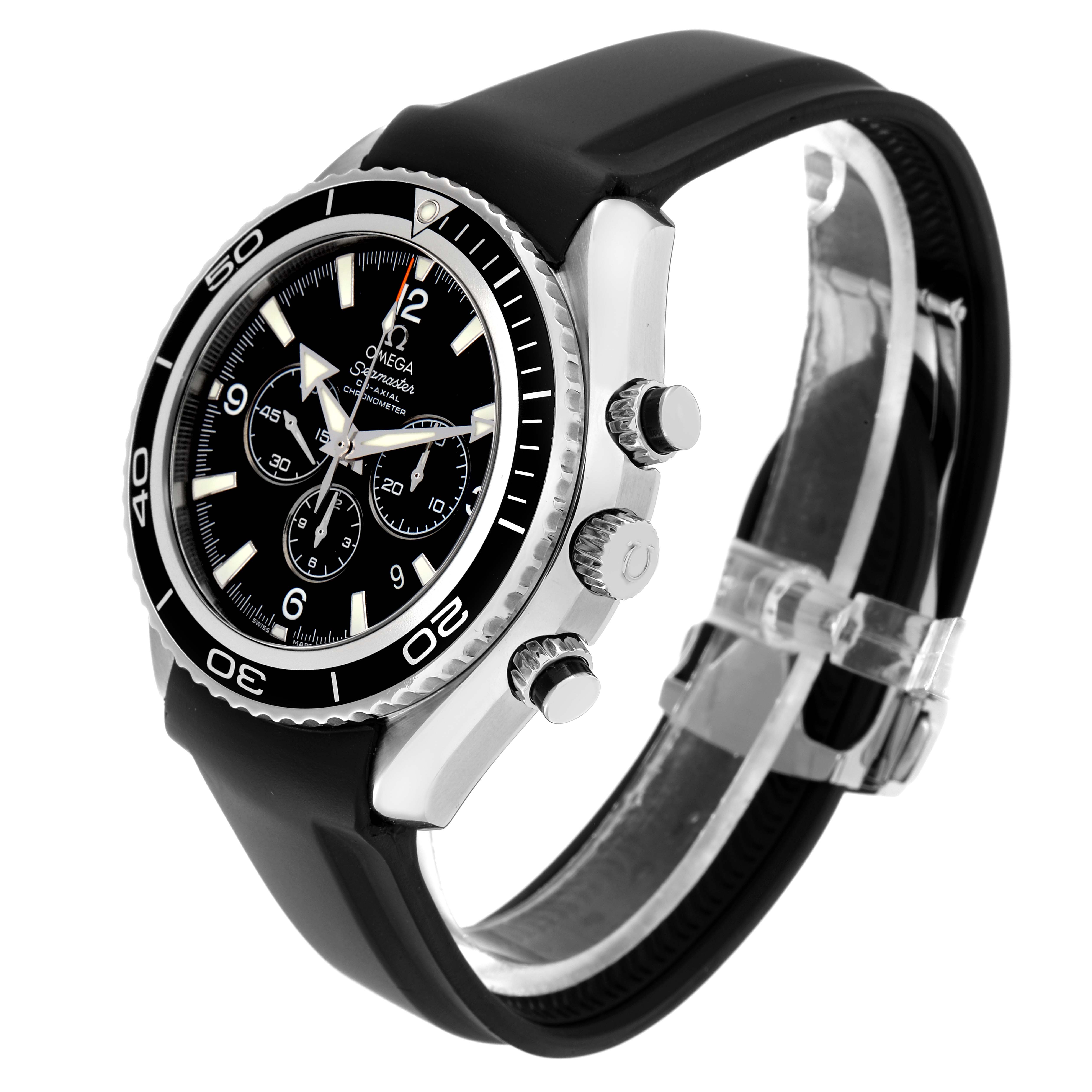 The Omega Planet Ocean 2210.50.00 Men
s Stainless Steel Black Dial watch is shown at a three-quarter angle highlighting the face, bezel, crown, pushers, and rubber strap.