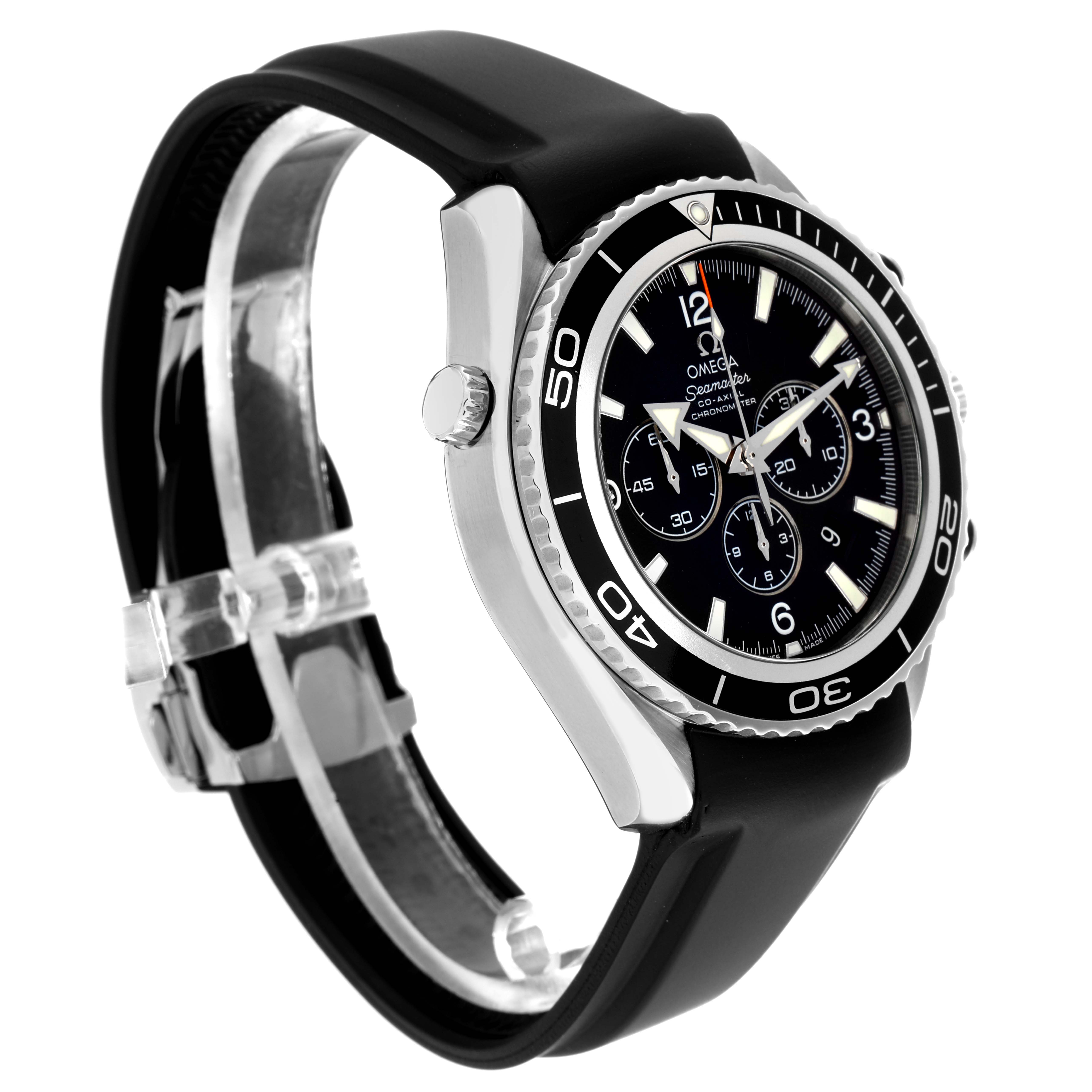 The Omega Planet Ocean 2210.50.00 Men
s Stainless Steel Black Dial watch is shown at a three-quarter angle, highlighting the bezel, dial, and rubber strap.