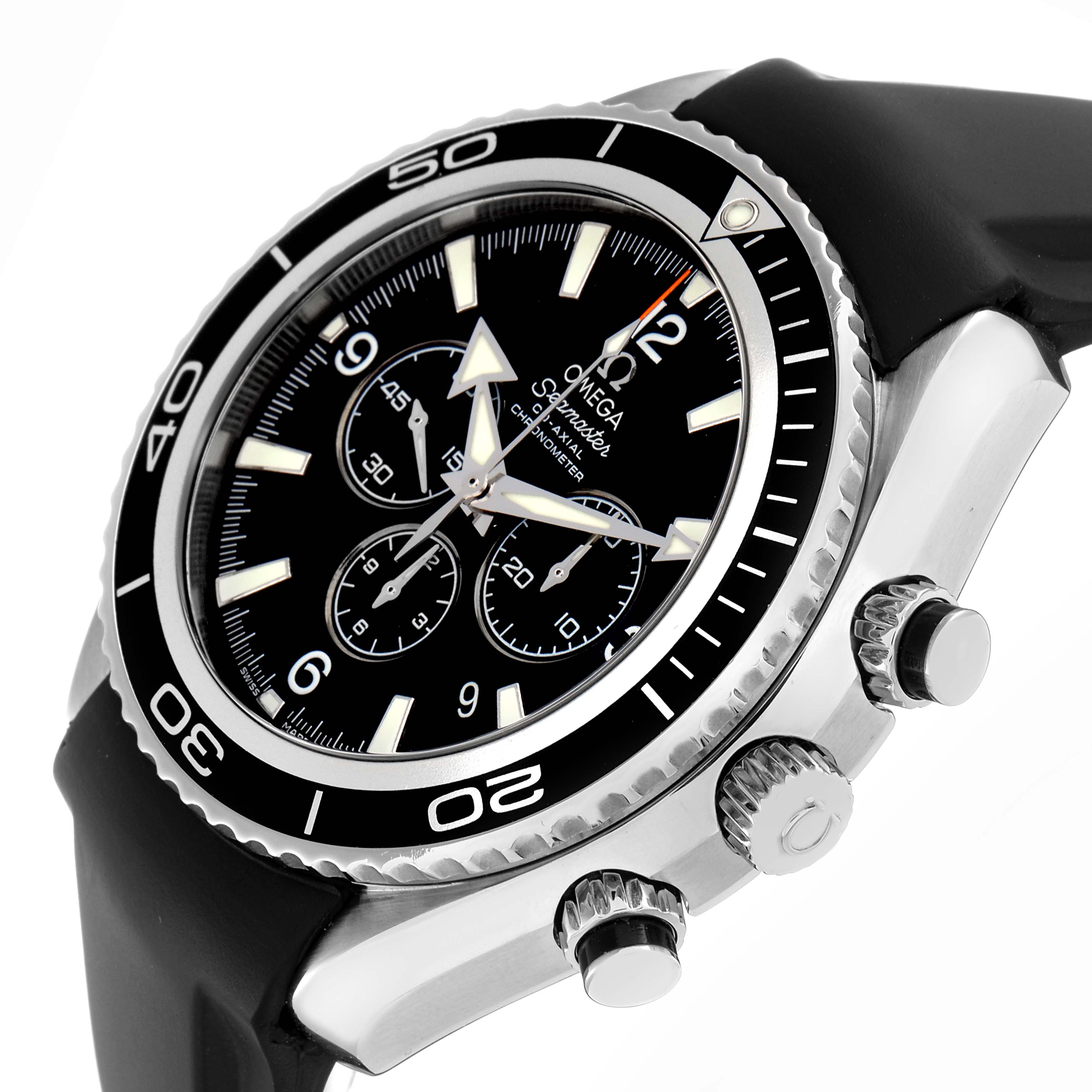 The Omega Planet Ocean 2210.50.00 Men
s Stainless Steel Black Dial watch is shown at an angled side view, highlighting the bezel, dial, crown, and pushers.
