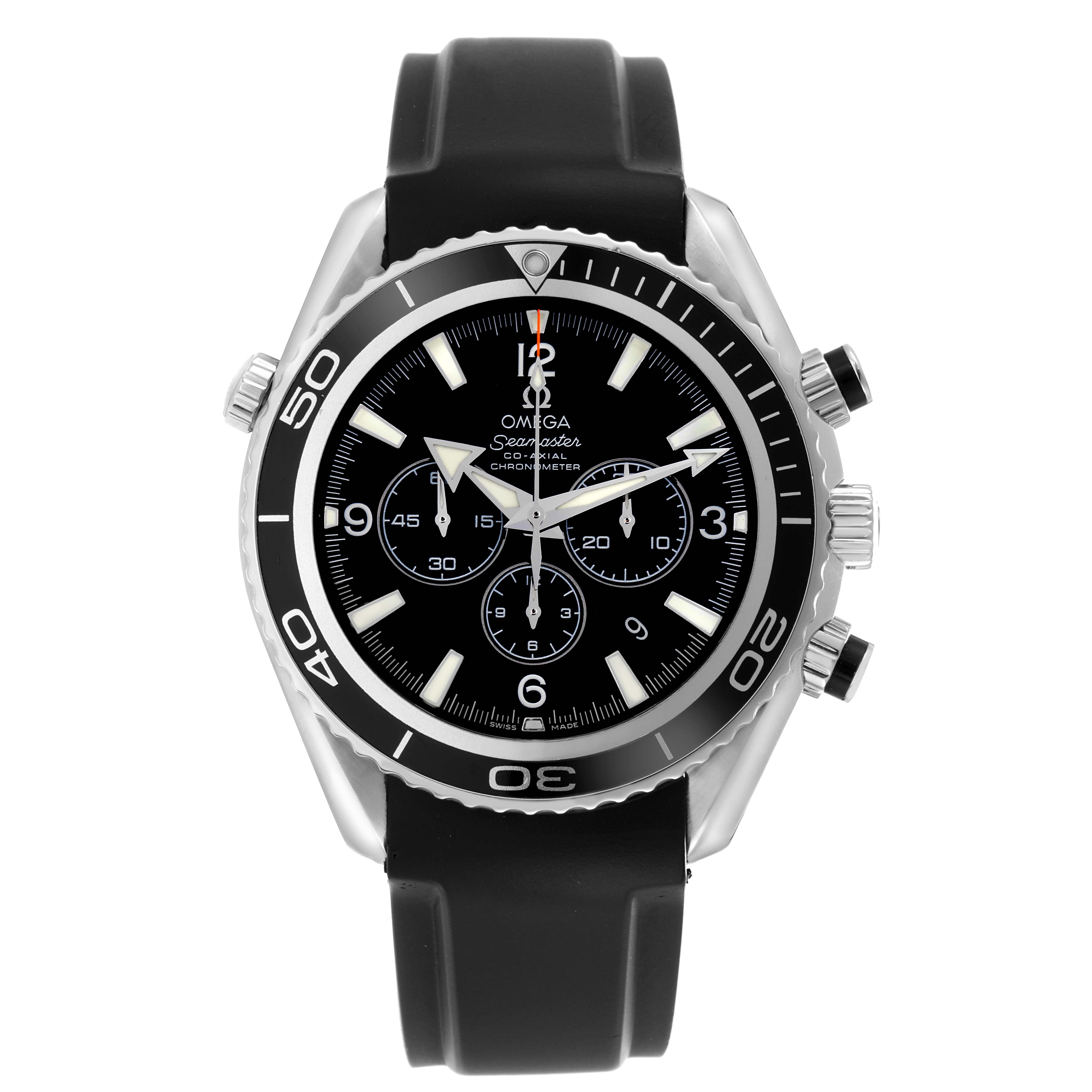 The Omega Planet Ocean 2210.50.00 Men
s Stainless Steel Black Dial watch is shown from the front, highlighting its bezel, dial, hands, subdials, and rubber strap.