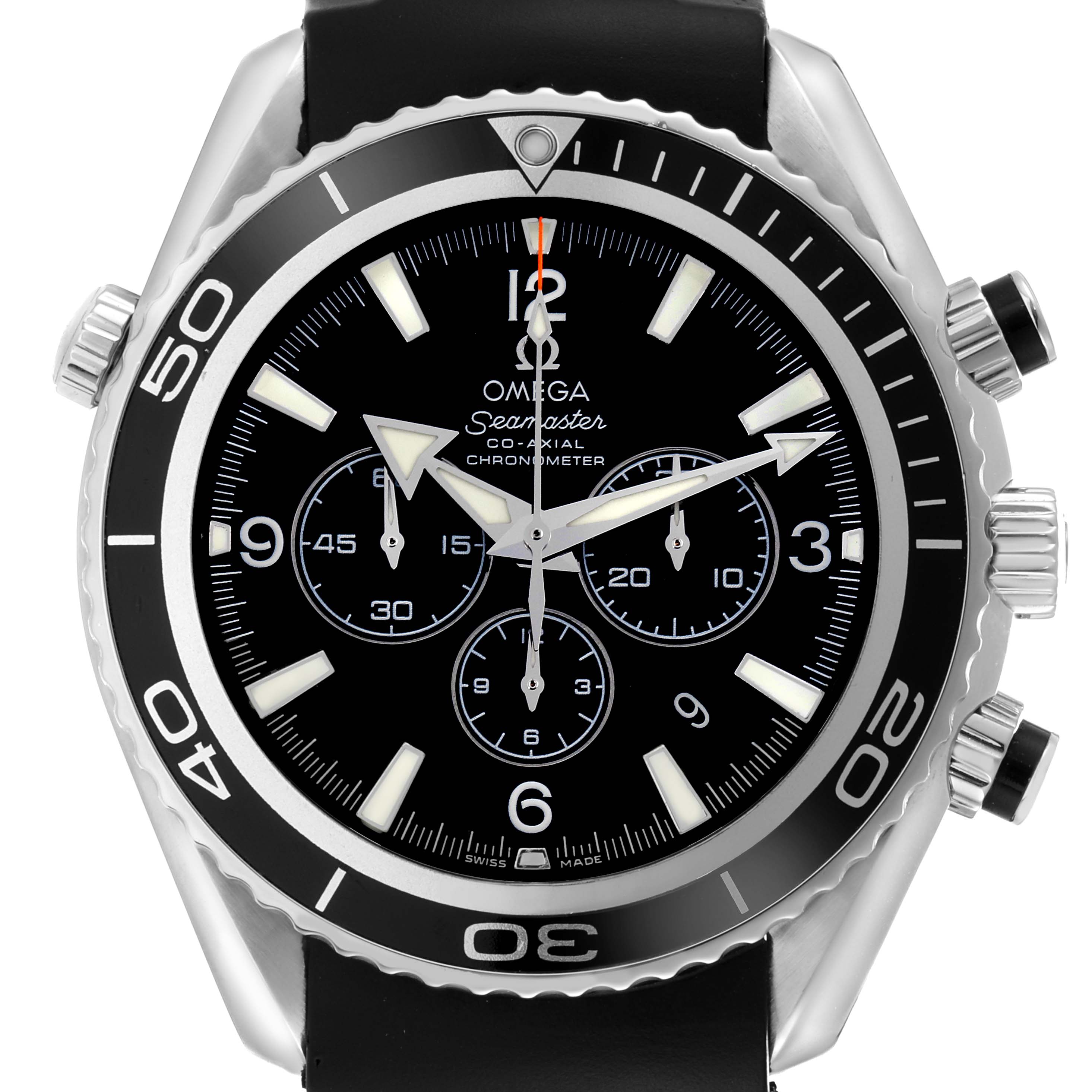 The Omega Planet Ocean 2210.50.00 Men
s Stainless Steel Black Dial watch is shown from the front, displaying its dial, bezel, pushers, and crown.