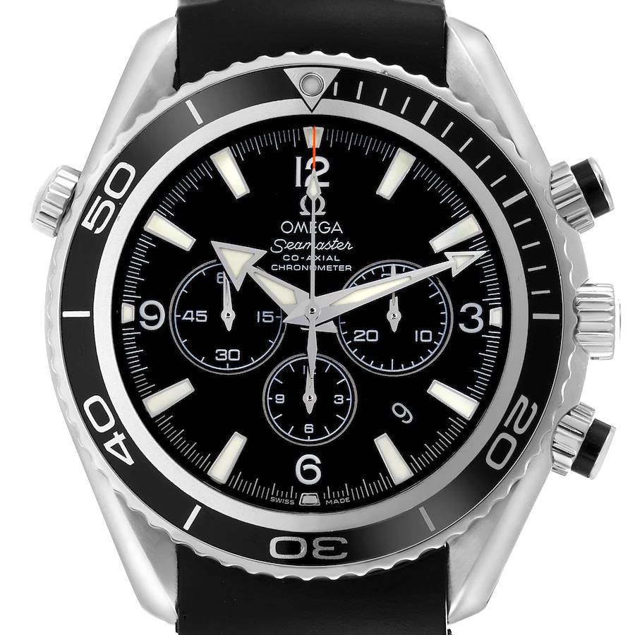 The Omega Planet Ocean model 2210.50.00 is shown from the front, highlighting its bezel, chronograph dials, and bold markers.