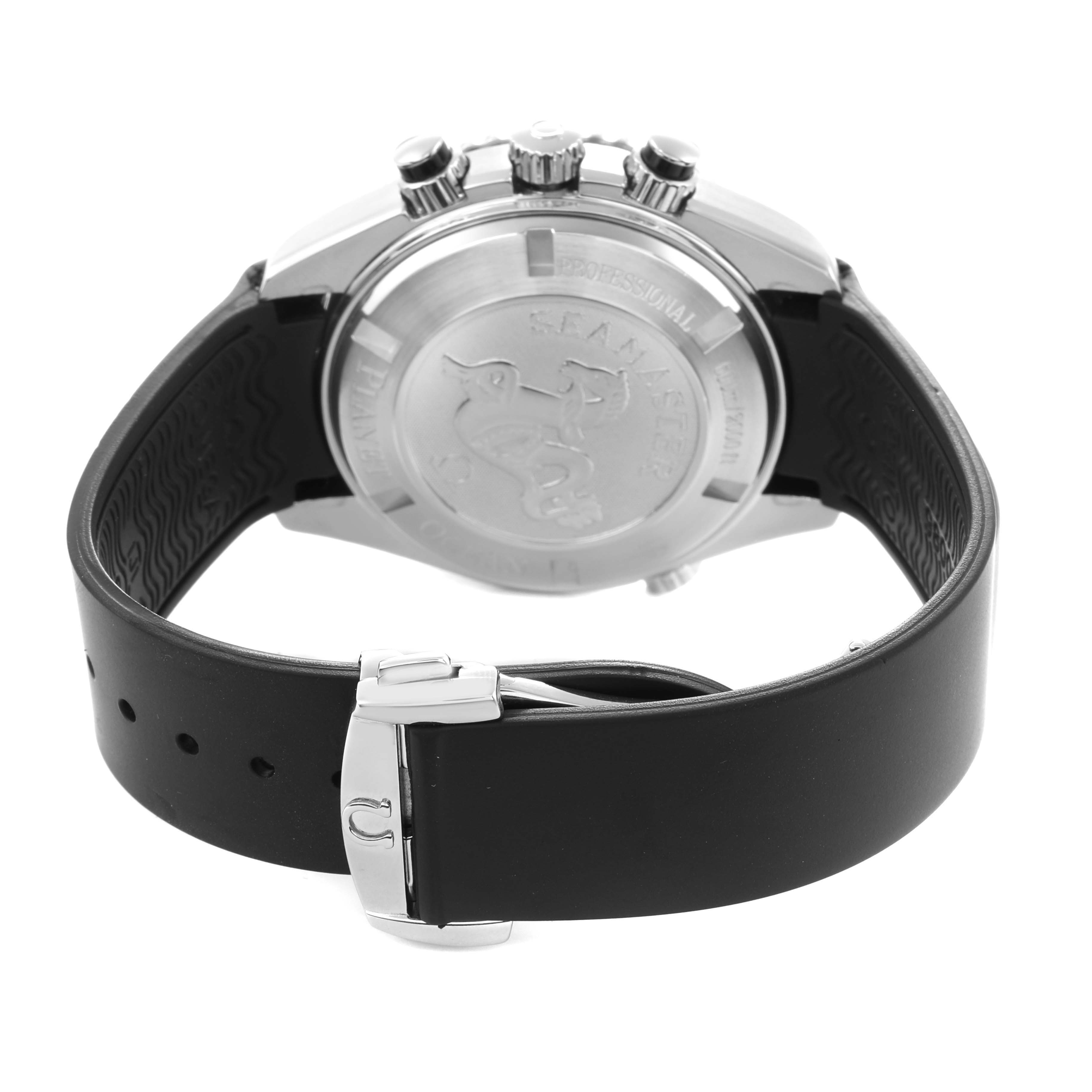 The image shows the back of an Omega Planet Ocean 2210.50.00 Men
s Stainless Steel Black Dial watch, featuring the case back, strap, and clasp.