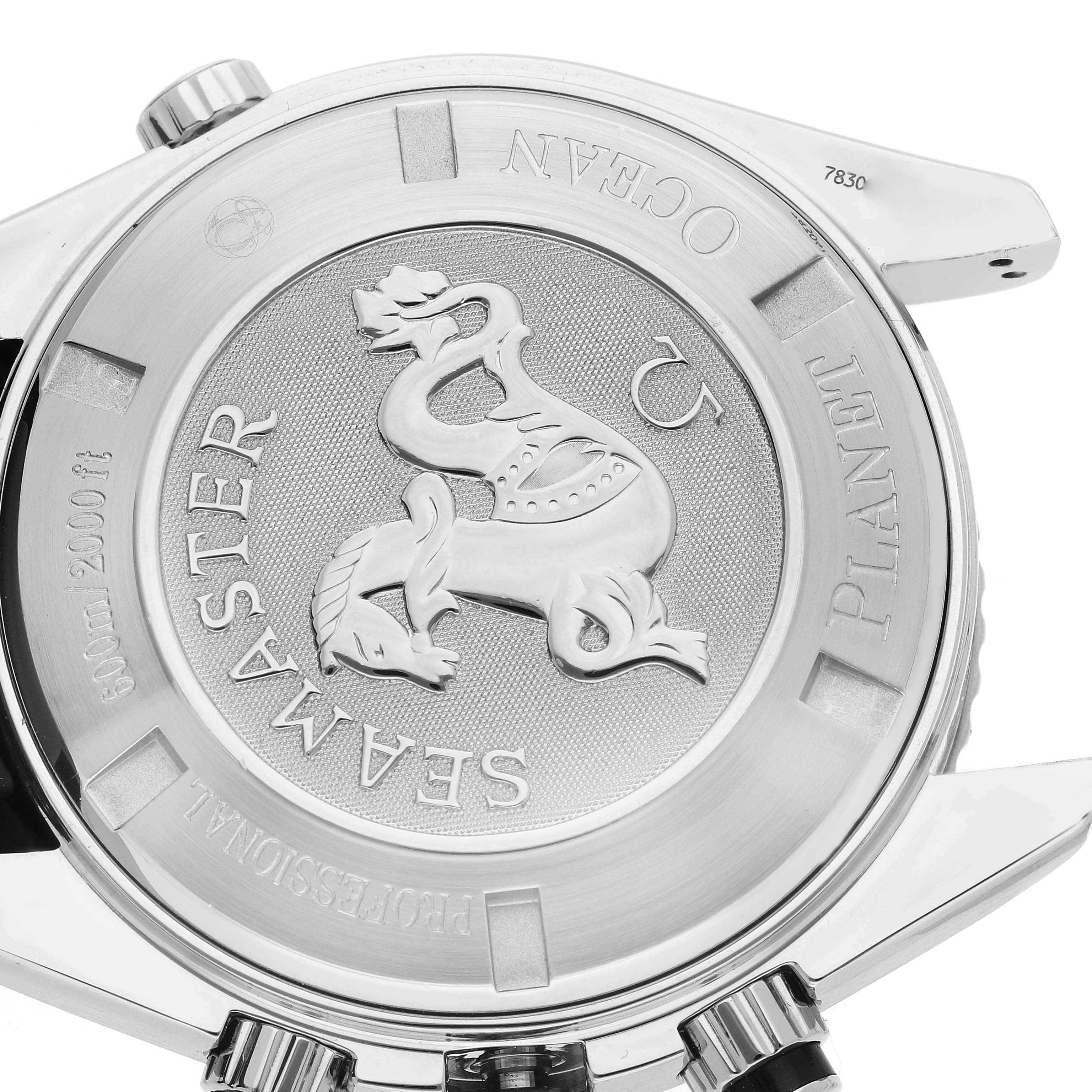The image shows the back of the Omega Planet Ocean 2210.50.00 Men
s Stainless Steel Black Dial watch, highlighting the Seamaster engraving and emblem.