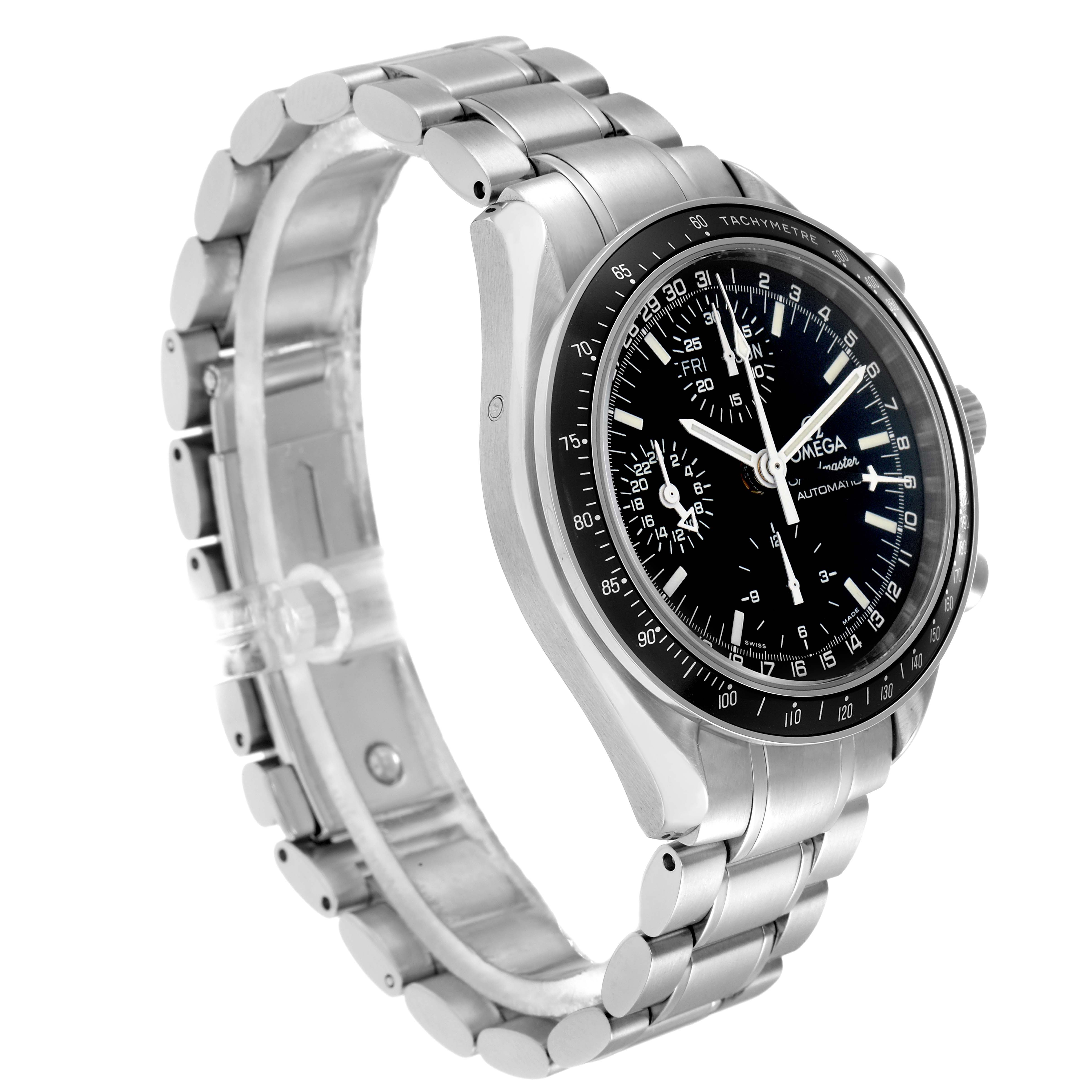 The Omega Speedmaster 3520.50.00 Men
s Stainless Steel Black Dial watch is shown at a three-quarter angle, highlighting the face, bezel, and bracelet.