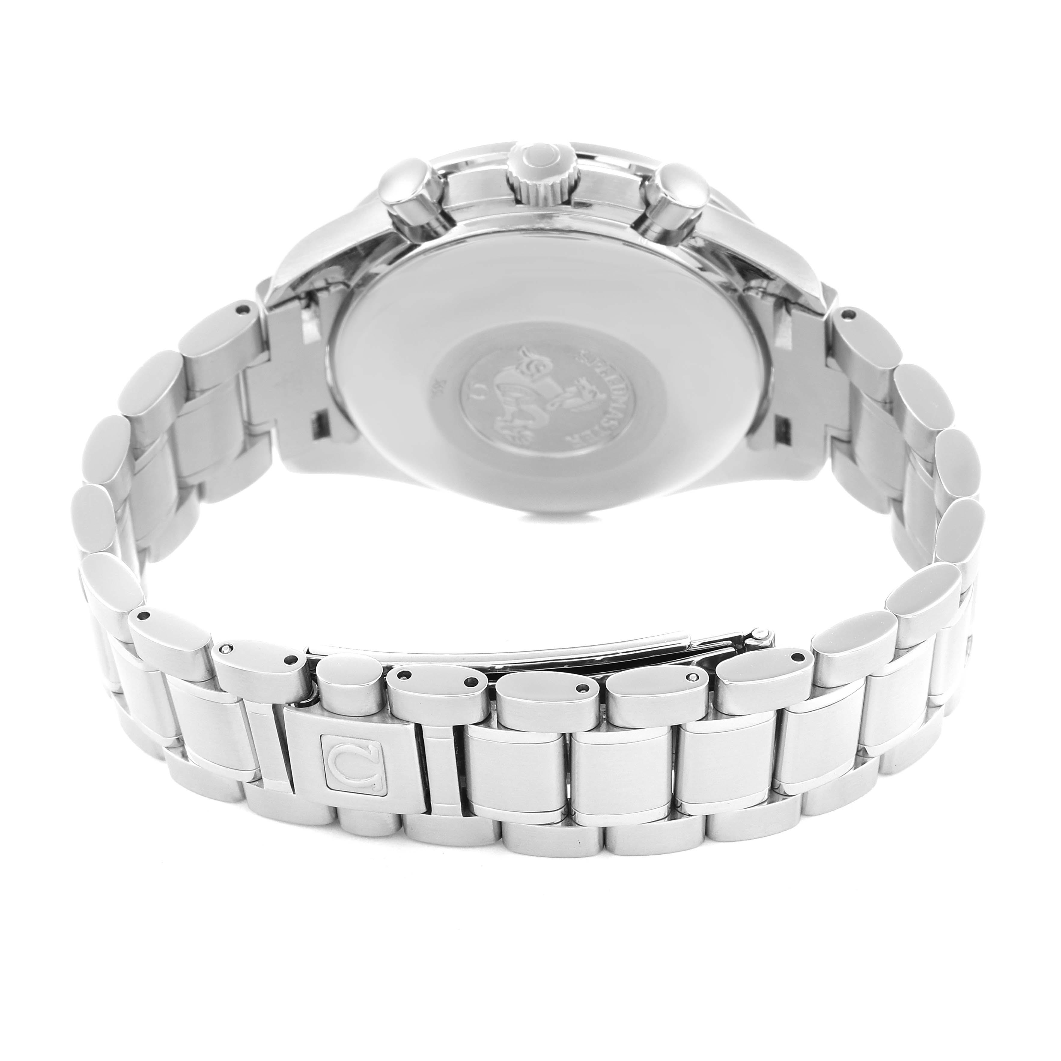 The Omega Speedmaster 3520.50.00 Men
s Stainless Steel Black Dial watch is shown from the back, featuring the case back and stainless steel bracelet.