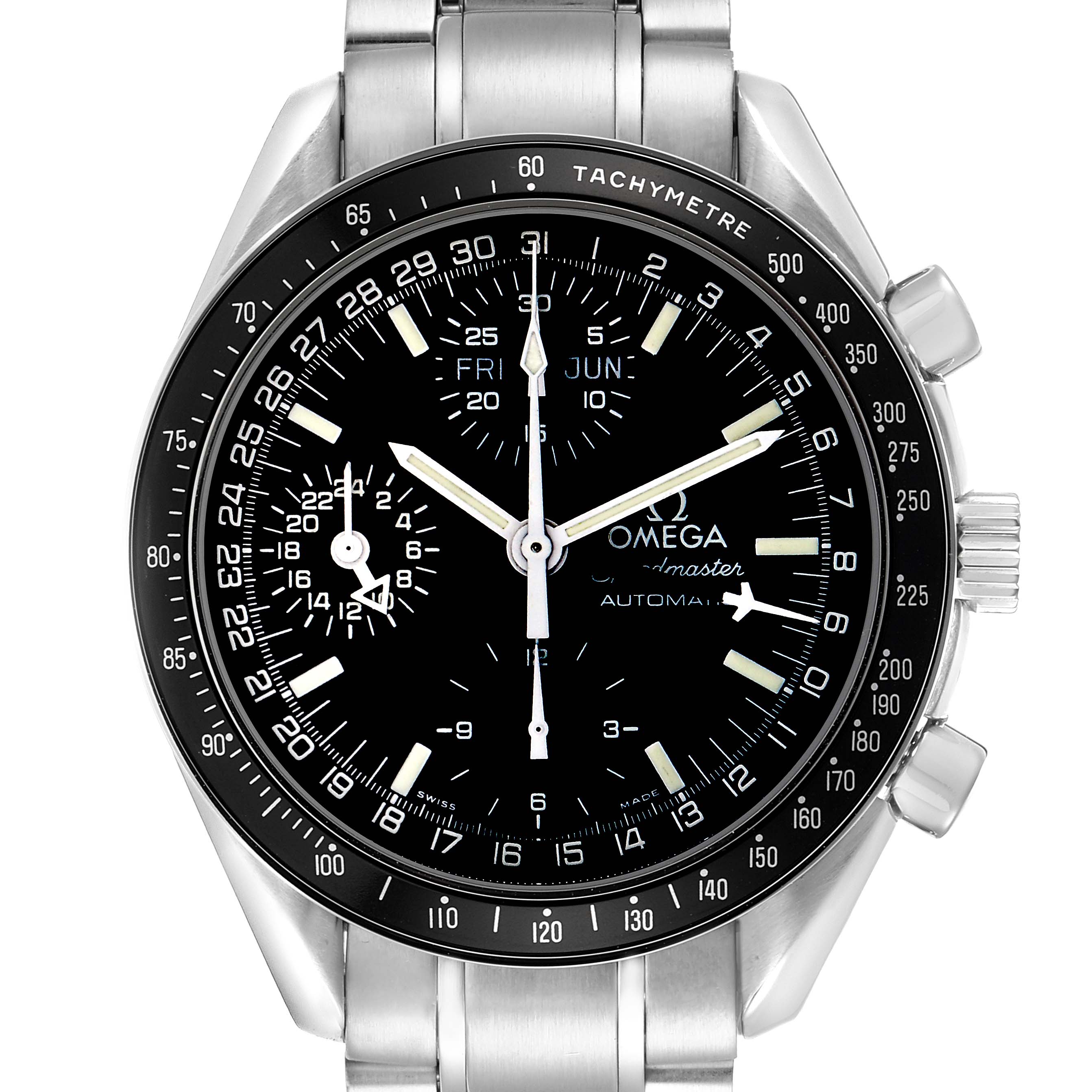 The Omega Speedmaster 3520.50.00 Men
s Stainless Steel Black Dial watch is shown from the front, displaying the dial, bezel, buttons, and part of the metal bracelet.