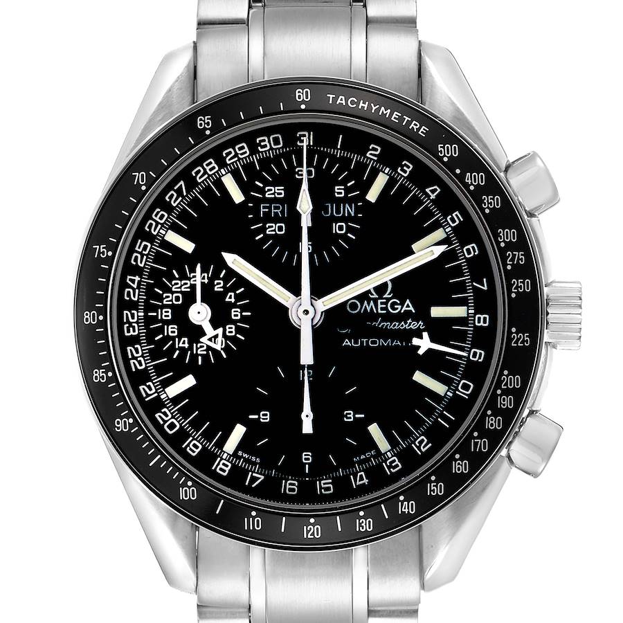 The Omega Speedmaster model 3520.50.00 is shown from a front angle, highlighting the dial, tachymeter bezel, and stainless steel bracelet.