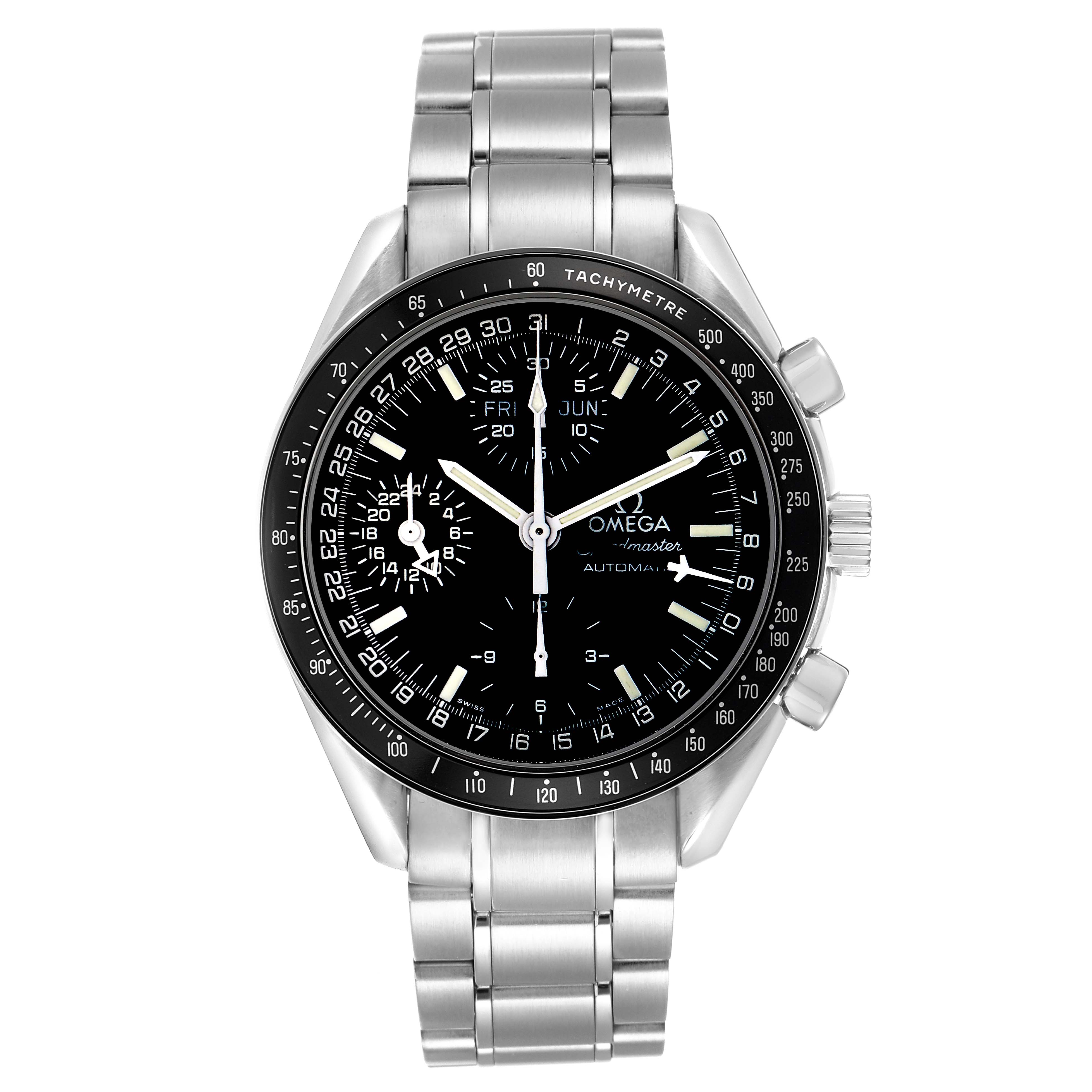 The Omega Speedmaster 3520.50.00 Men
s Stainless Steel Black Dial watch is shown from the front, displaying its dial, bezel, and metal bracelet.