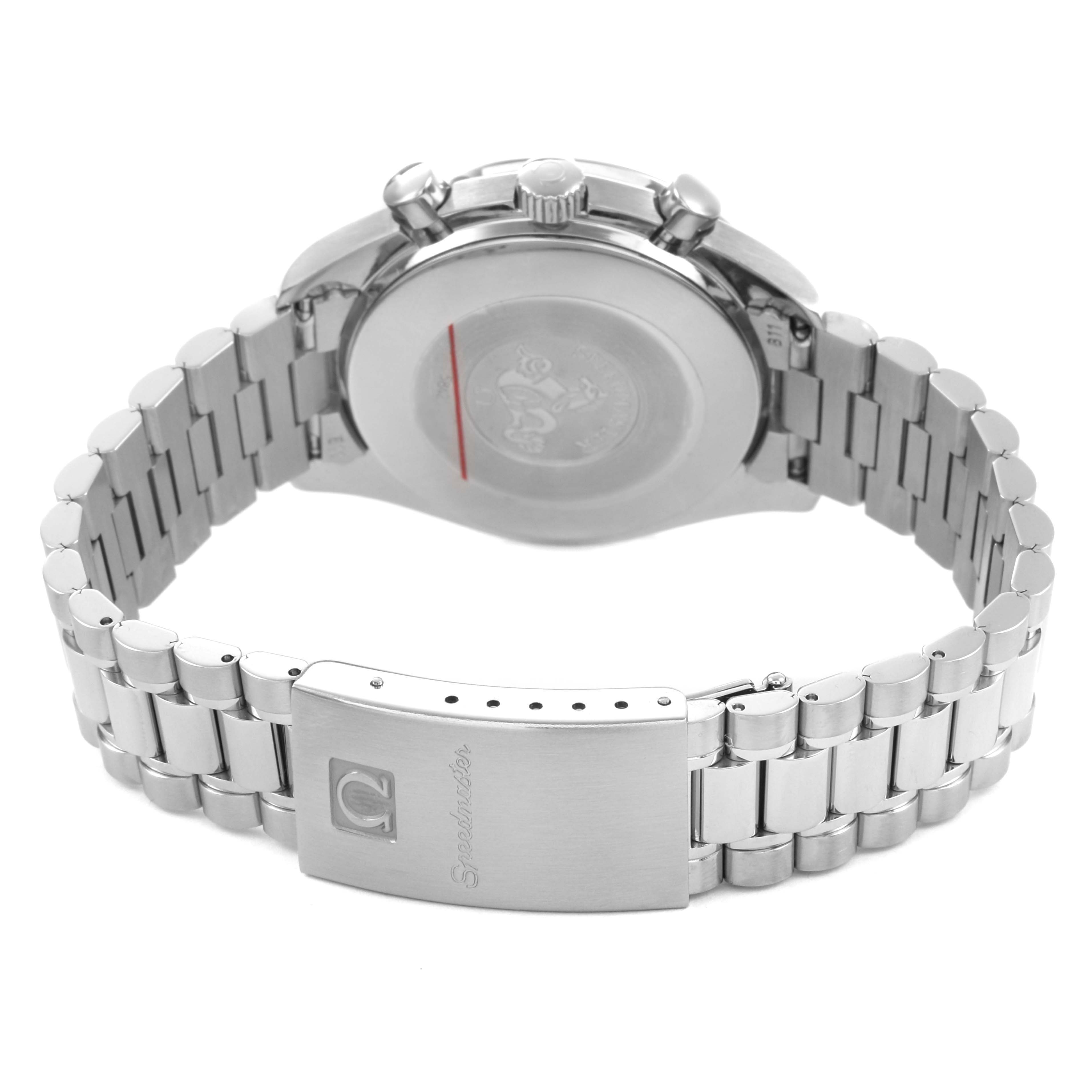 The image shows the back and clasp of the Omega Speedmaster 3510.52.00 Men's Stainless Steel Black Dial, highlighting the bracelet and case back.