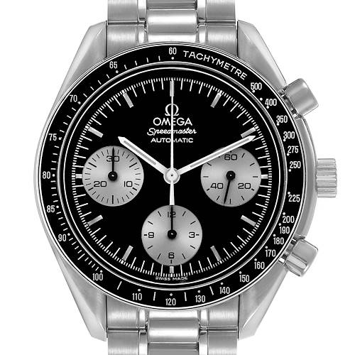 The Omega Speedmaster 3510.52.00 Men's Stainless Steel Black Dial watch is shown from a front angle, highlighting the face, bezel, subdials, and bracelet.