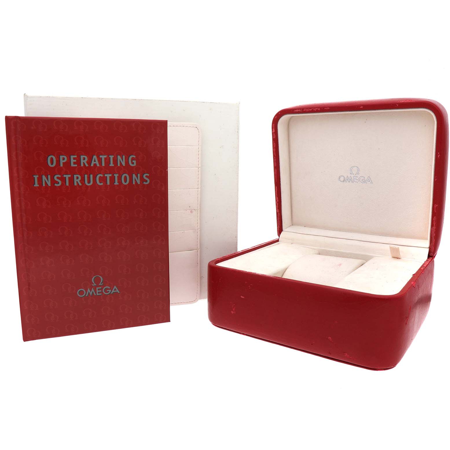 The image shows an Omega Speedmaster 3510.52.00 Men's Stainless Steel Black Dial instruction manual, a red watch box, and a white box.