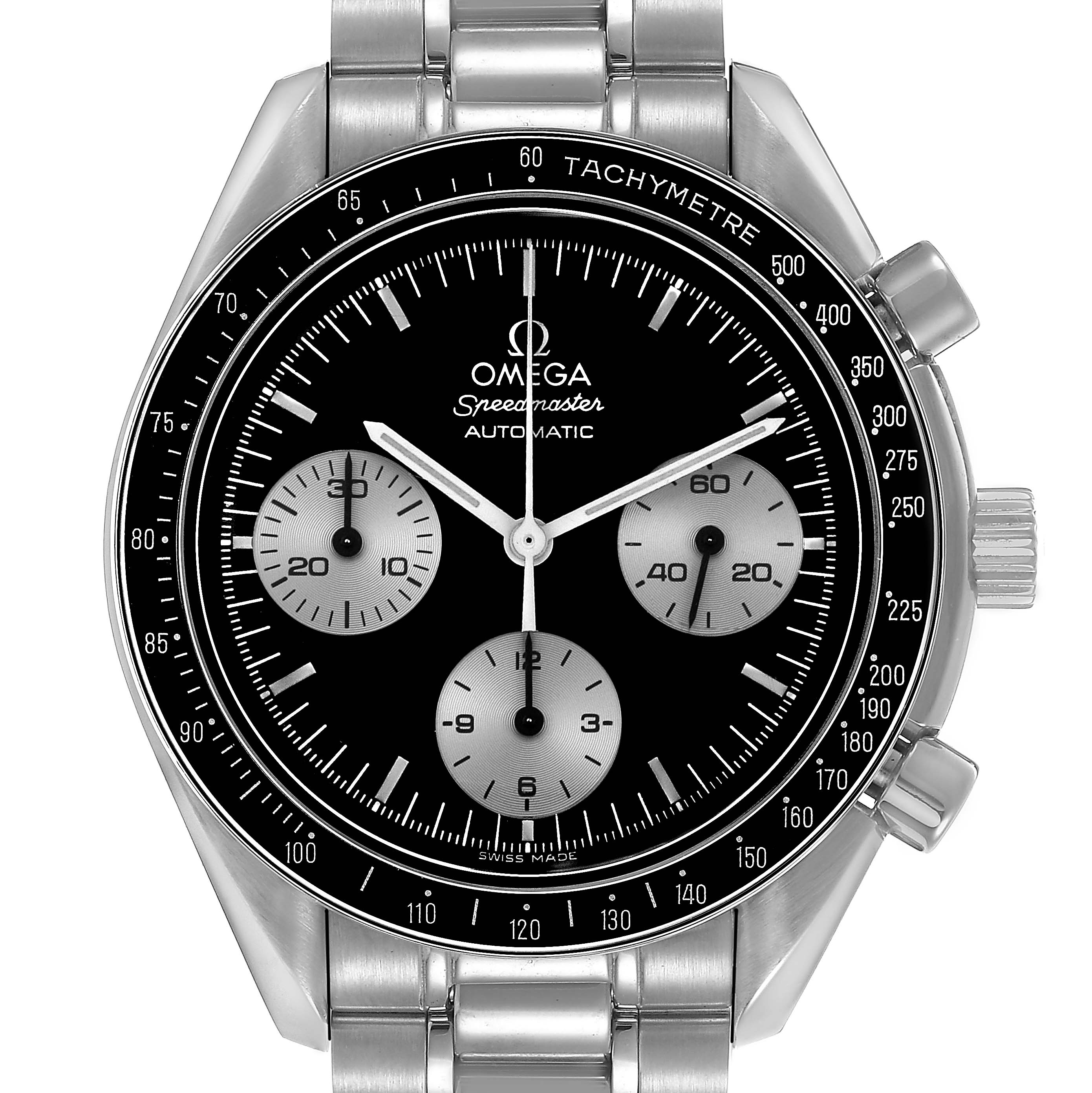 The Omega Speedmaster 3510.52.00 Men's Stainless Steel Black Dial watch is shown from a front angle, displaying the dial, tachymeter bezel, and chronograph sub-dials.