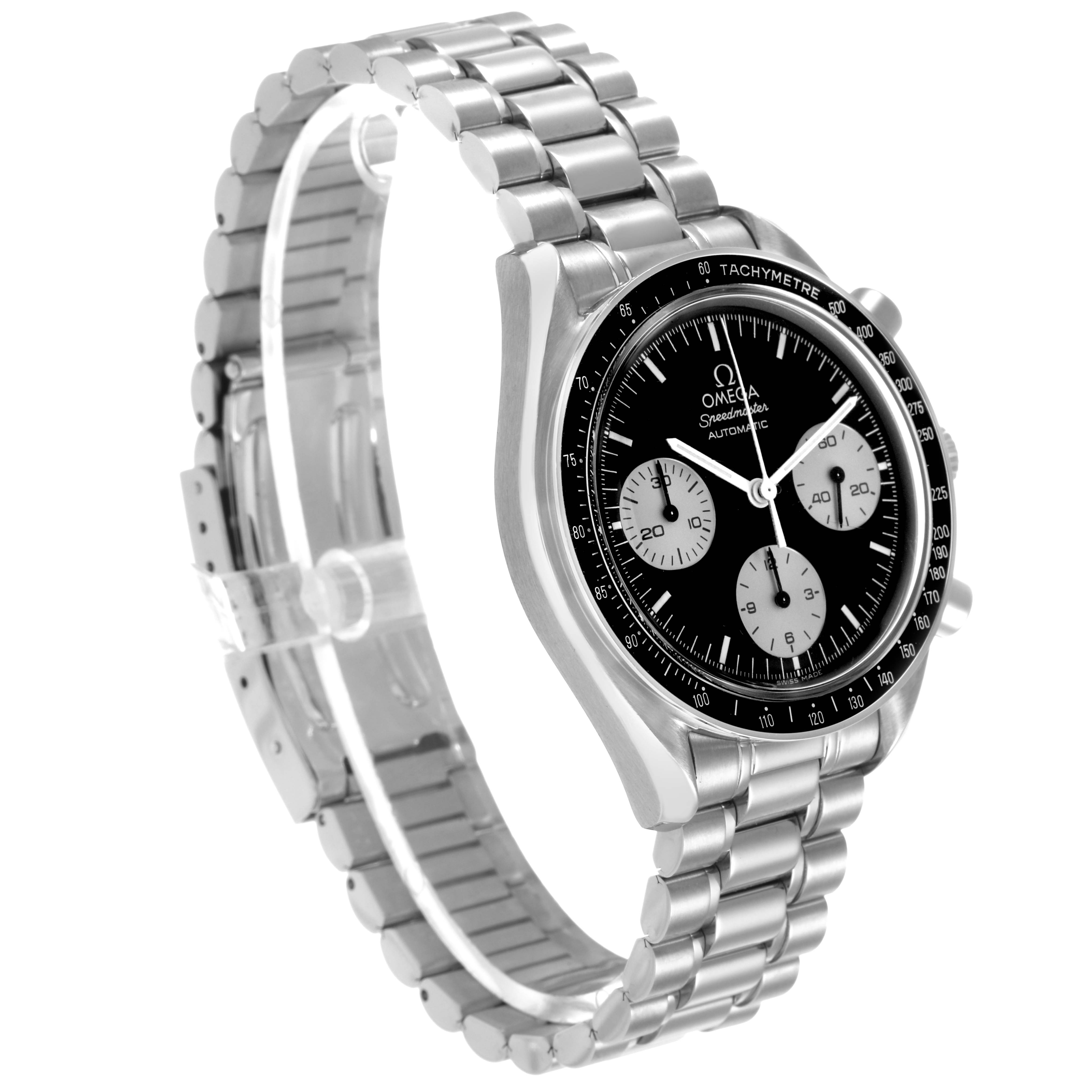 The Omega Speedmaster 3510.52.00 Men's Stainless Steel Black Dial is shown at an angle highlighting the watch face, bezel, and stainless steel bracelet.