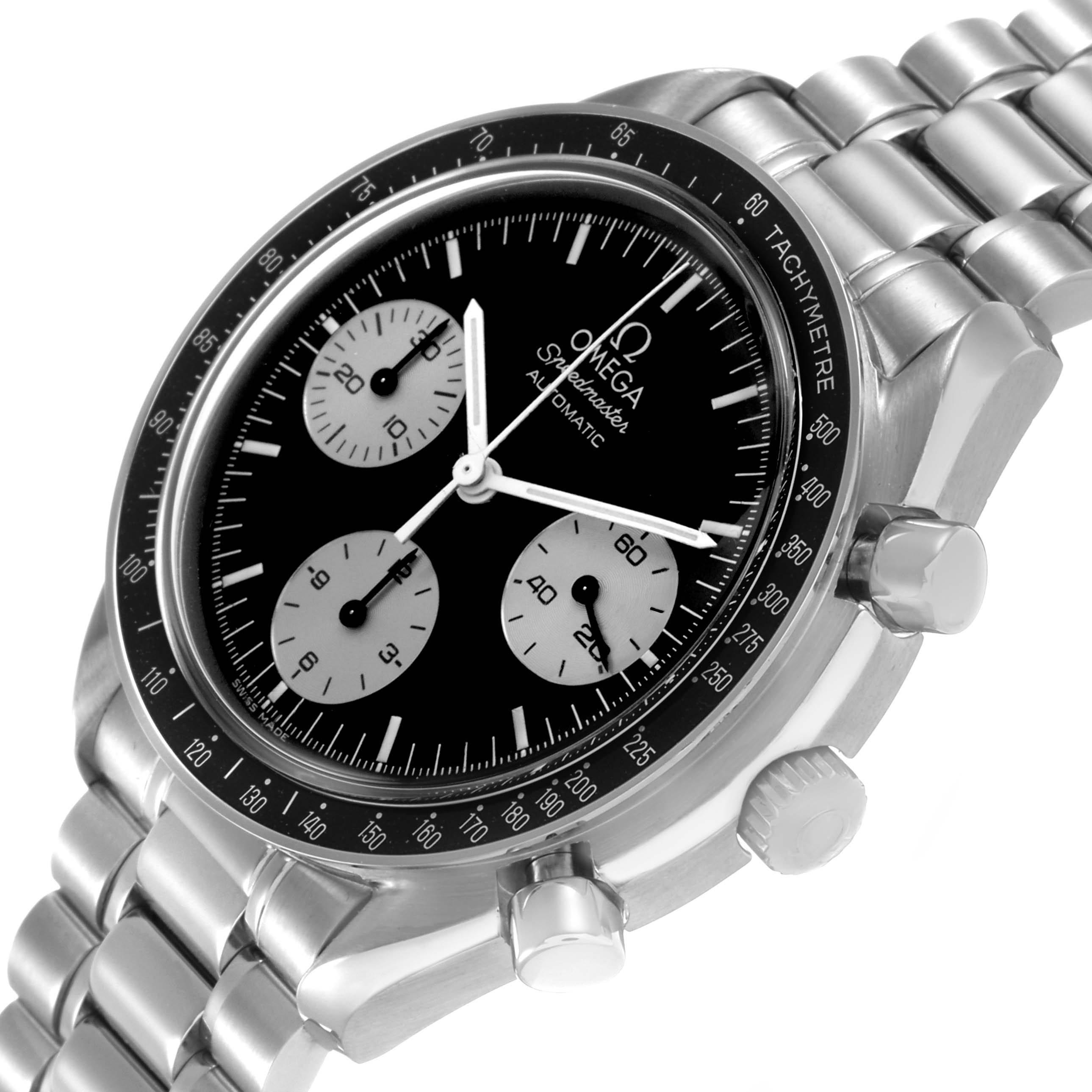 The Omega Speedmaster 3510.52.00 Men's Stainless Steel Black Dial watch is shown at an angled top view, highlighting its bezel, dial, subdials, pushers, and bracelet.