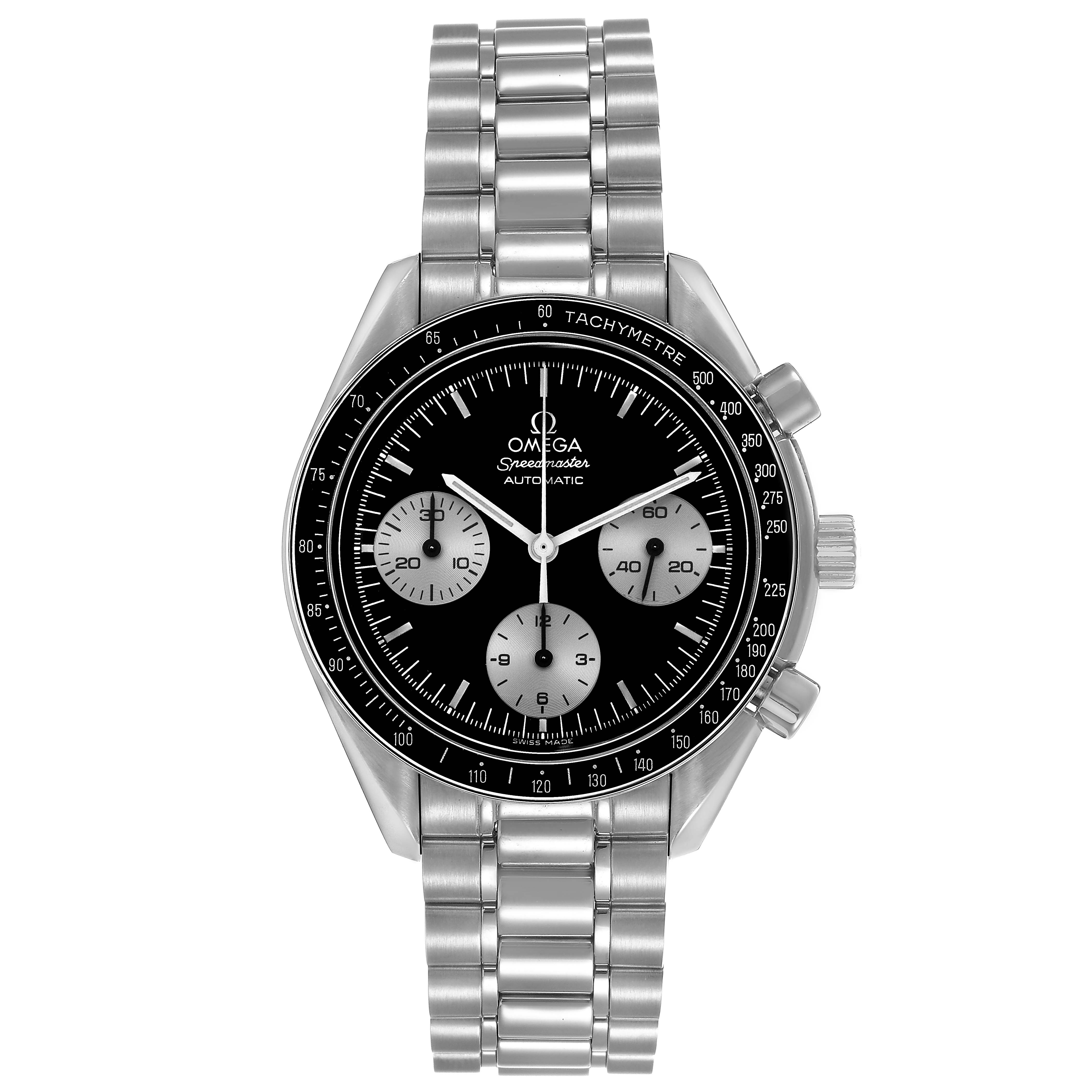 The Omega Speedmaster 3510.52.00 Men's Stainless Steel Black Dial watch is shown from the front, highlighting its face, bezel, and metal bracelet.