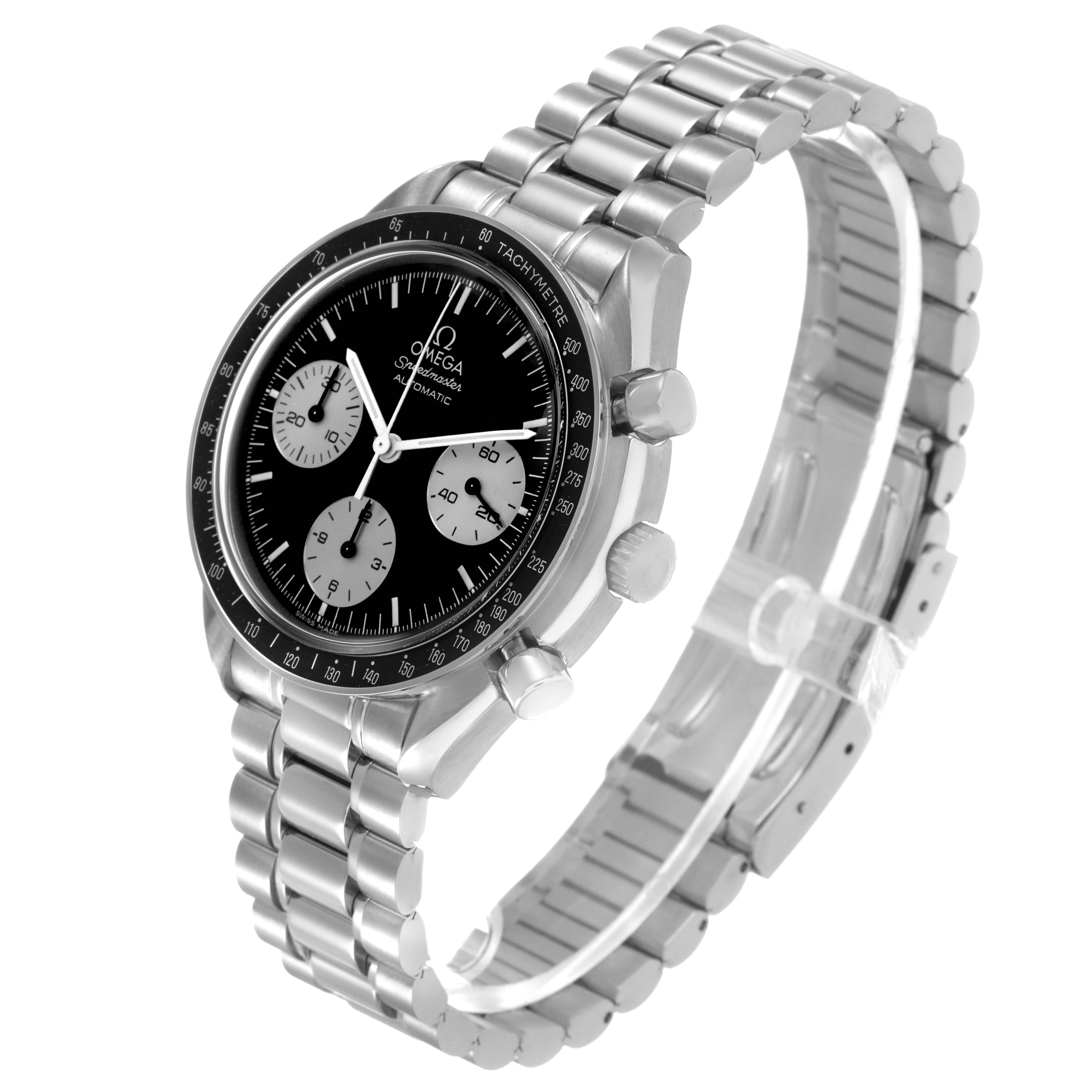 The Omega Speedmaster 3510.52.00 Men's Stainless Steel Black Dial watch is shown at a three-quarter angle, highlighting the dial, bezel, bracelet, and side pushers.