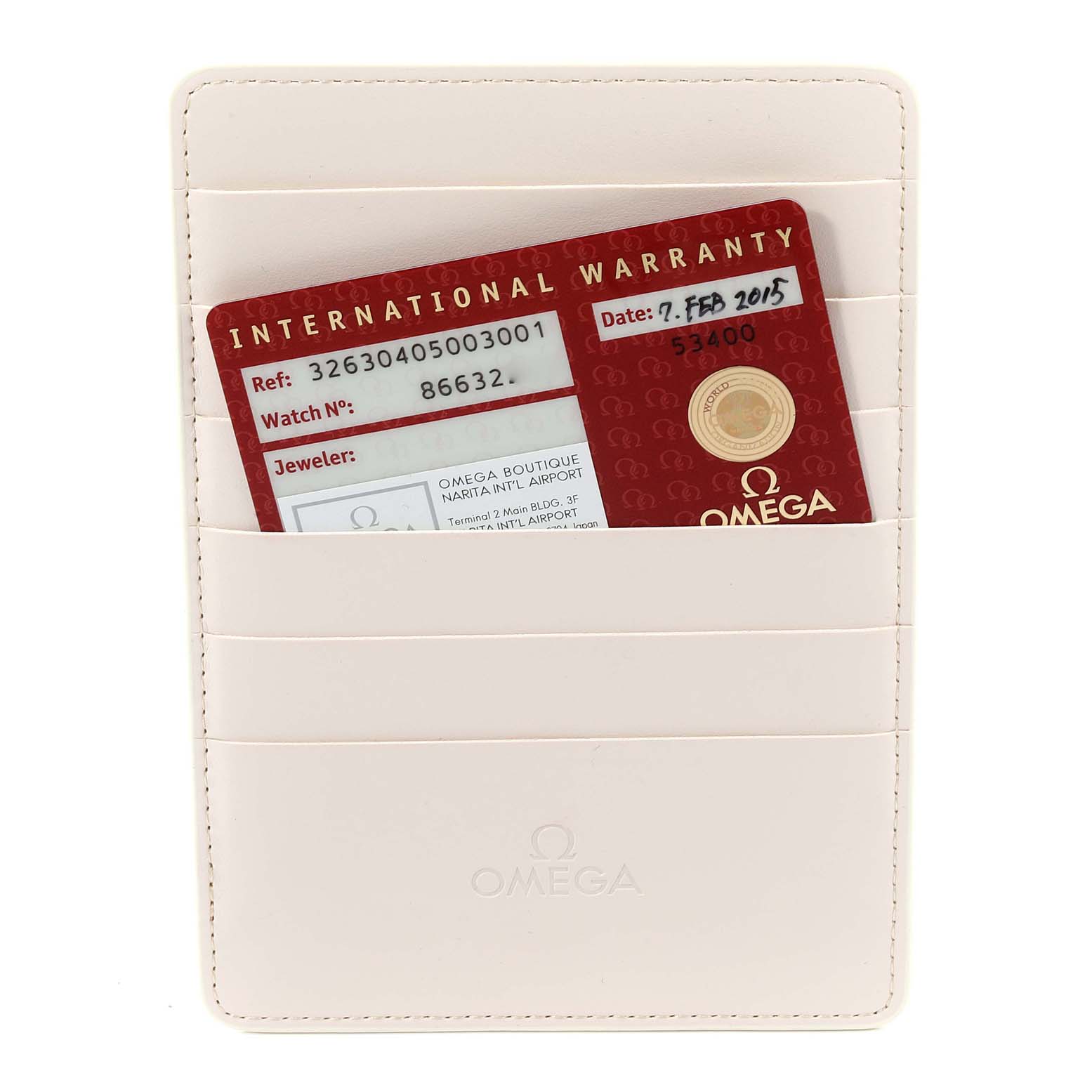 The image shows an Omega Speedmaster 326.30.40.50.03.001 Men's Stainless Steel Blue Dial 326.30.40.50.03.001 Men's Stainless Steel Blue Dial warranty card holder with an international warranty card partially inserted.