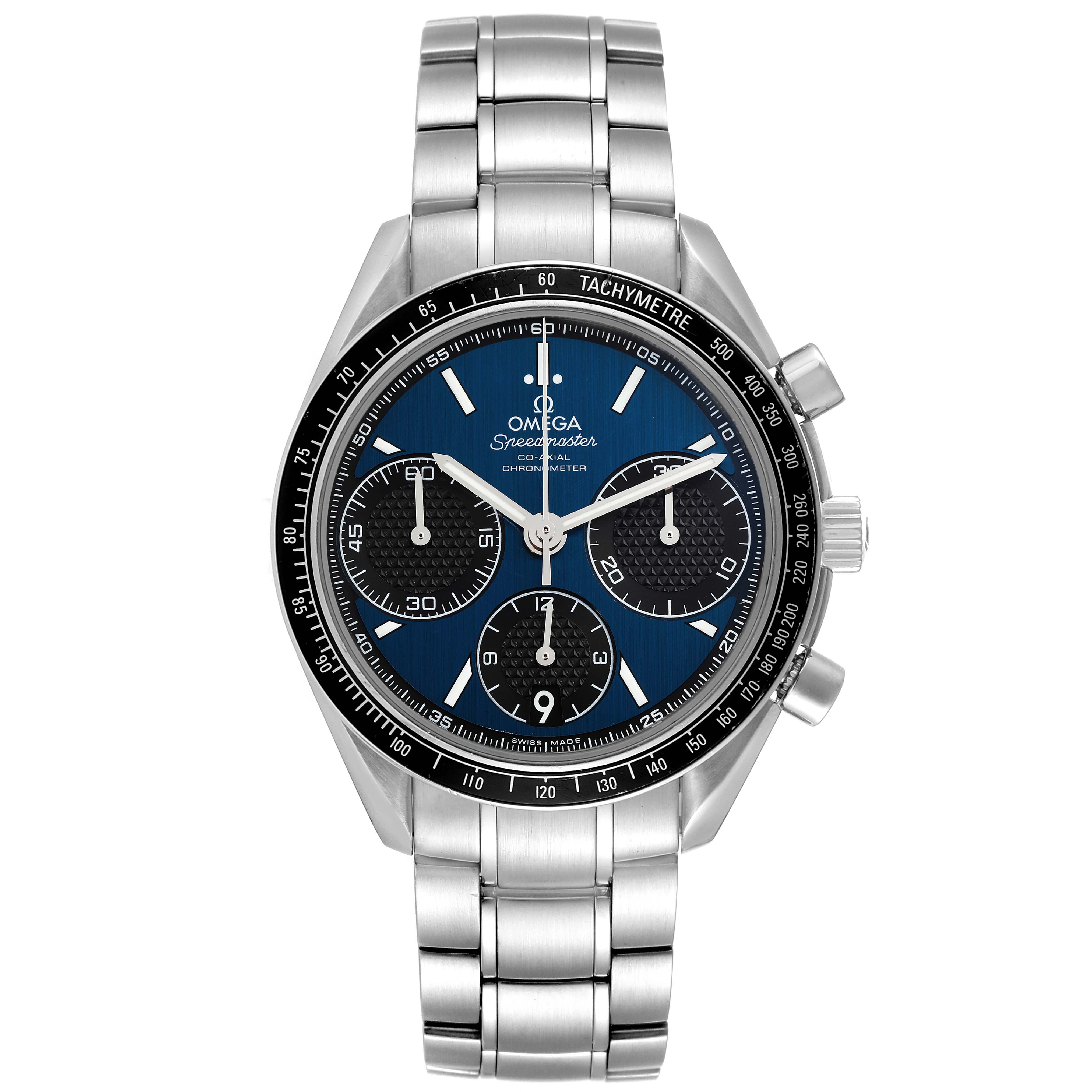 The image shows a front view of an Omega Speedmaster 326.30.40.50.03.001 Men's Stainless Steel Blue Dial 326.30.40.50.03.001 Men's Stainless Steel Blue Dial watch, featuring a blue dial, chronograph subdials, and a metallic bracelet.