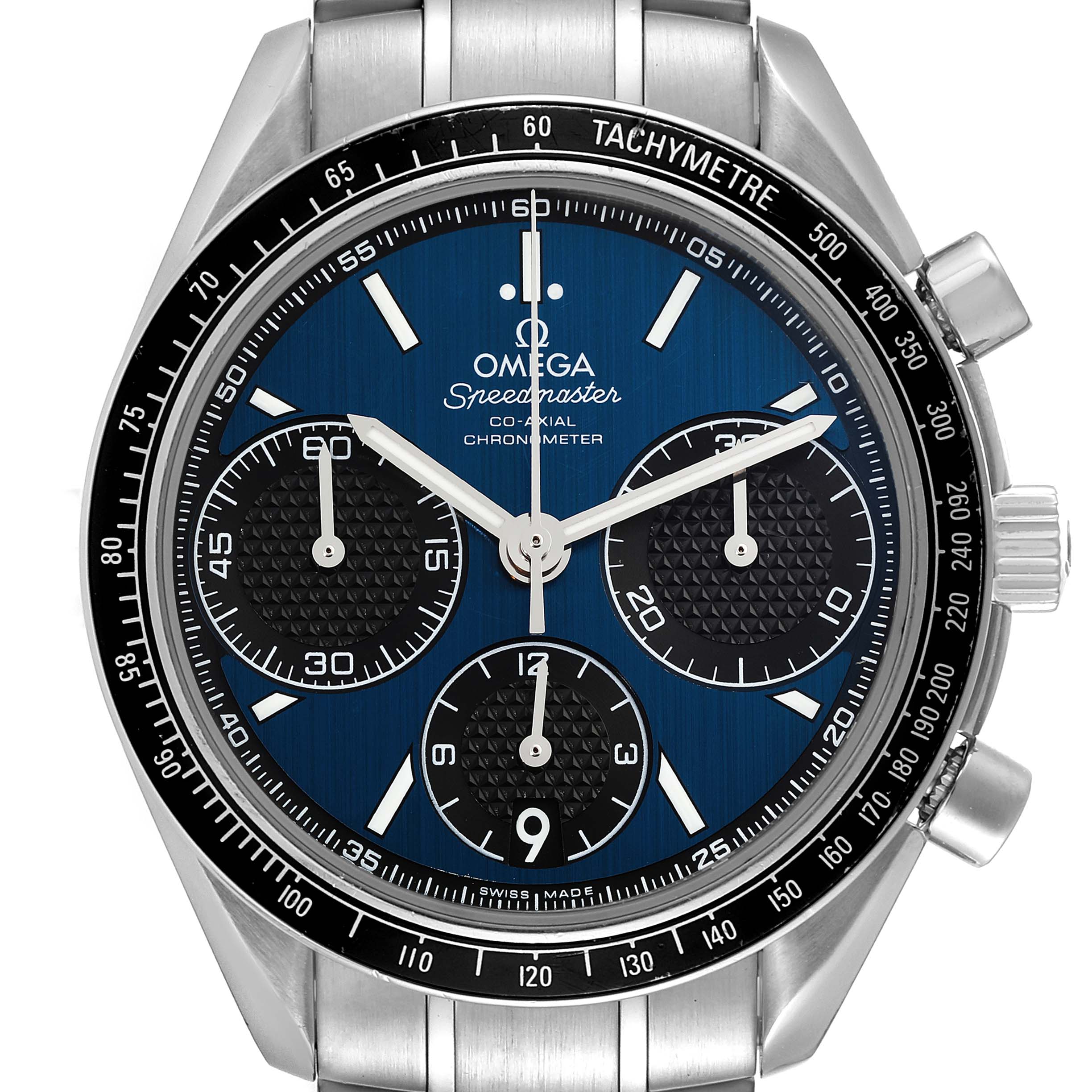 This image shows the front view of an Omega Speedmaster 326.30.40.50.03.001 Men's Stainless Steel Blue Dial 326.30.40.50.03.001 Men's Stainless Steel Blue Dial watch, highlighting its dial, sub-dials, and tachymetre bezel.