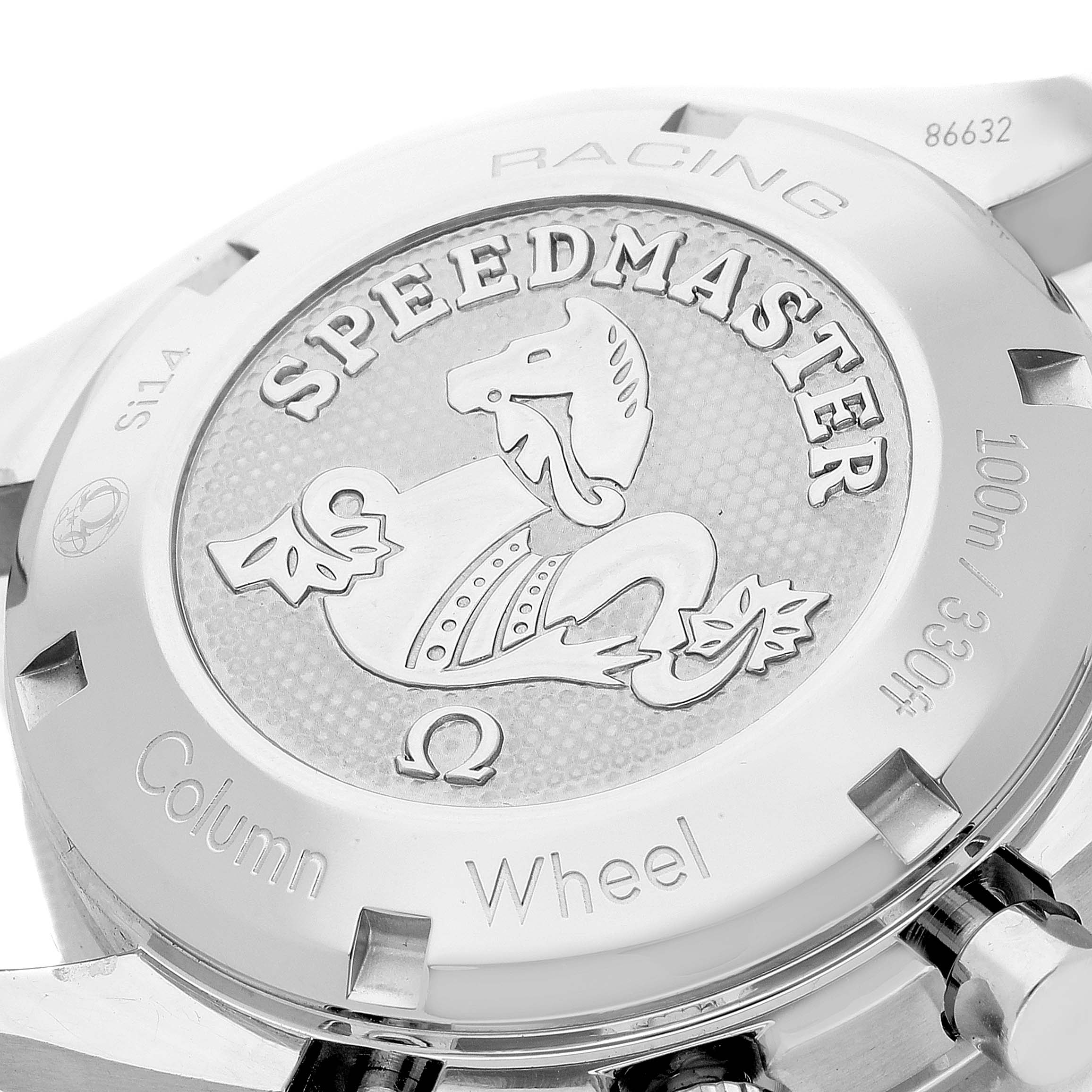 This image shows the engraved case back of an Omega Speedmaster 326.30.40.50.03.001 Men's Stainless Steel Blue Dial 326.30.40.50.03.001 Men's Stainless Steel Blue Dial watch from a close-up angle.