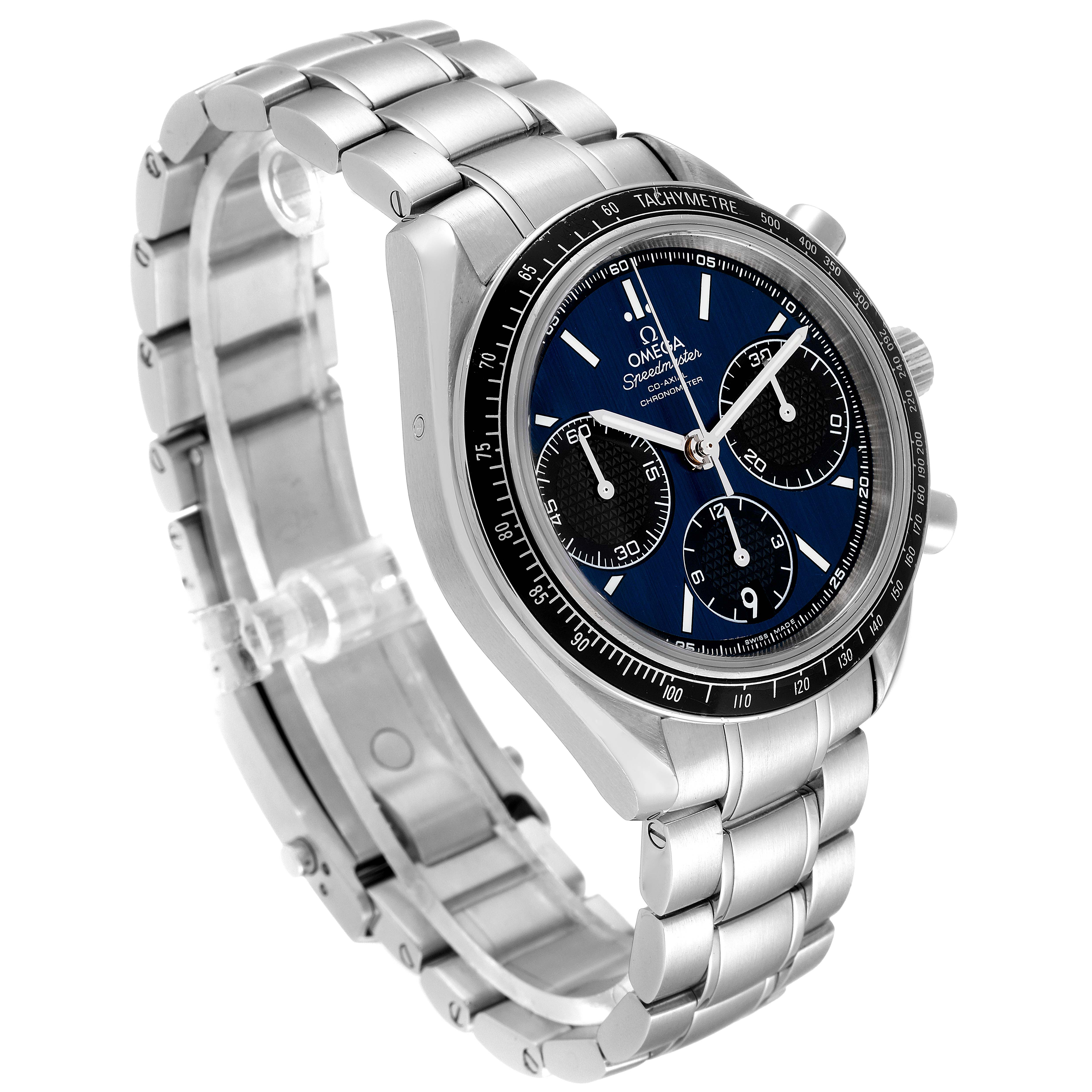 The Omega Speedmaster 326.30.40.50.03.001 Men's Stainless Steel Blue Dial 326.30.40.50.03.001 Men's Stainless Steel Blue Dial watch is shown at a slight angle, highlighting its bracelet, tachymeter bezel, and chronograph subdials.