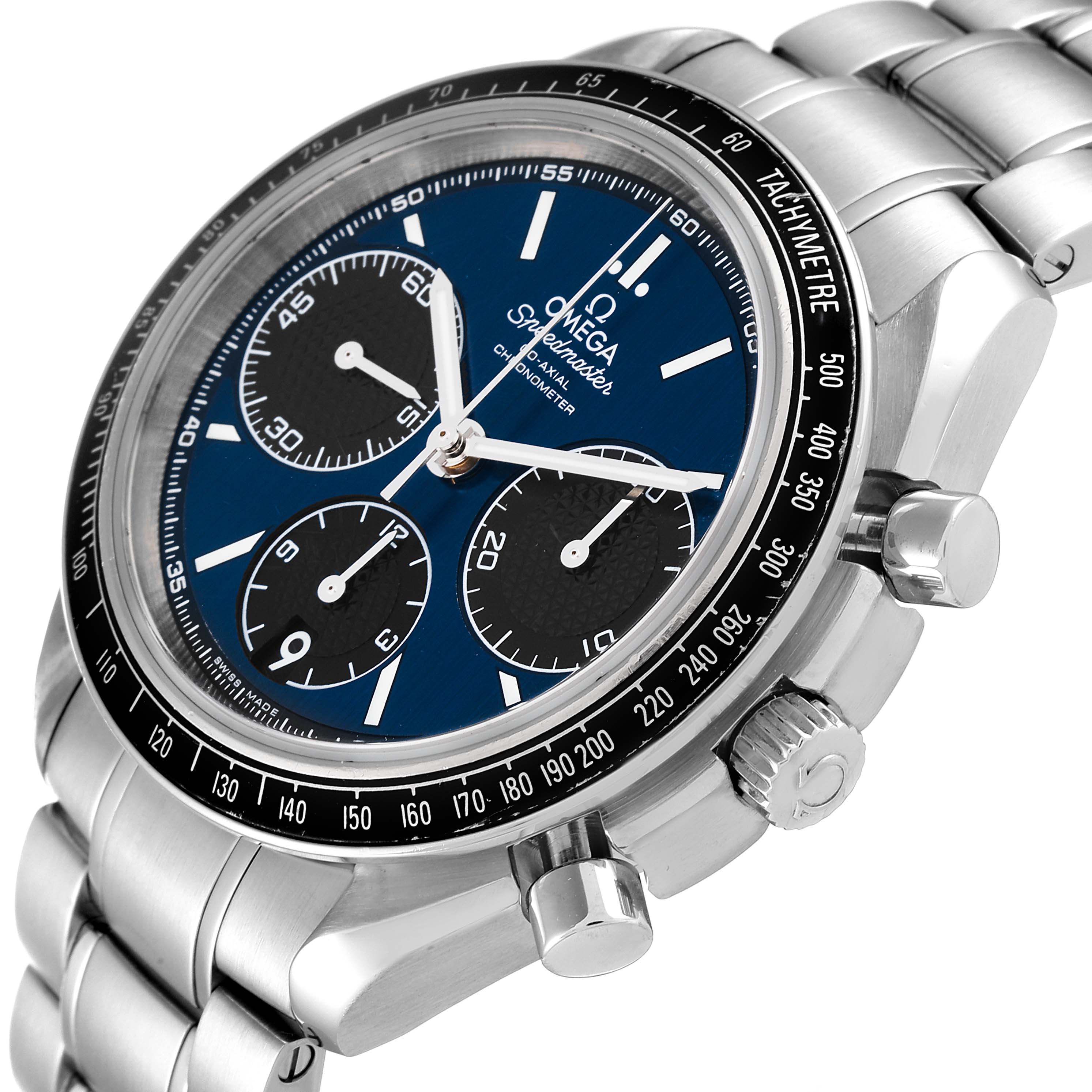 The image shows an Omega Speedmaster 326.30.40.50.03.001 Men's Stainless Steel Blue Dial 326.30.40.50.03.001 Men's Stainless Steel Blue Dial watch angled from the right side, highlighting its face, bezel, pushers, and bracelet.