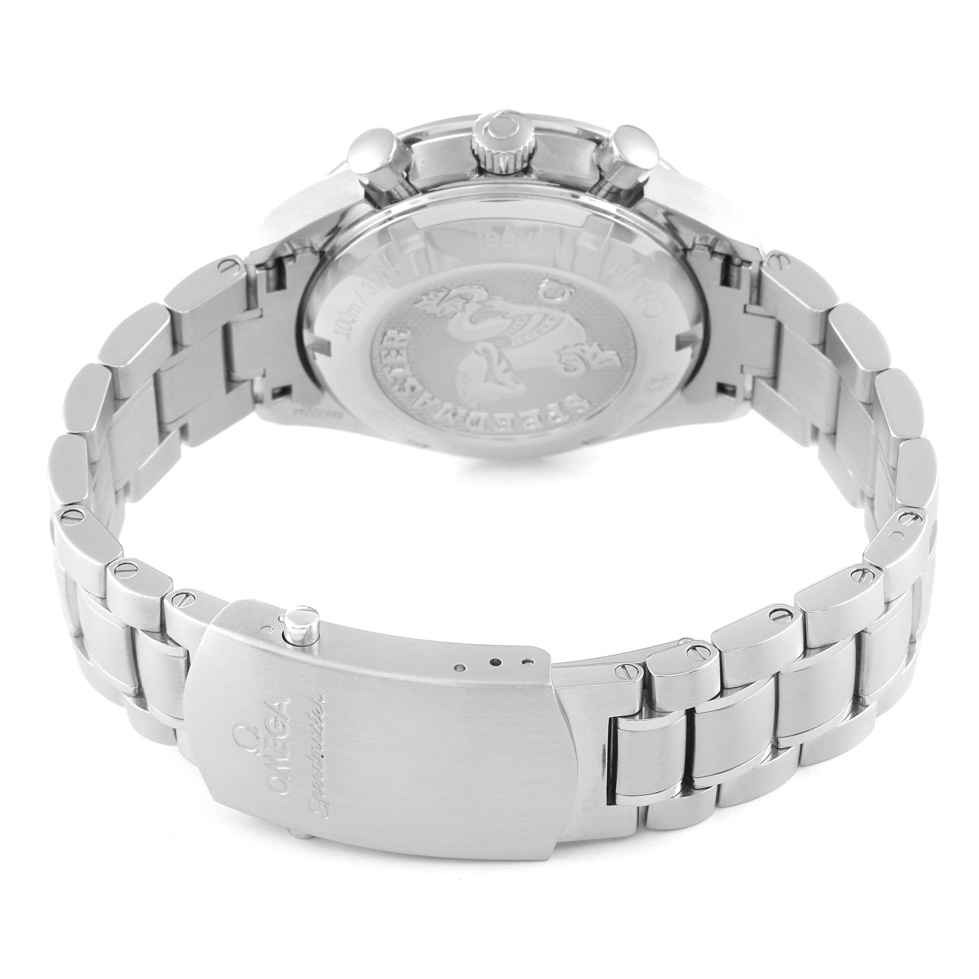 The image shows the back case and bracelet of an Omega Speedmaster 326.30.40.50.03.001 Men's Stainless Steel Blue Dial 326.30.40.50.03.001 Men's Stainless Steel Blue Dial watch from a rear angle.