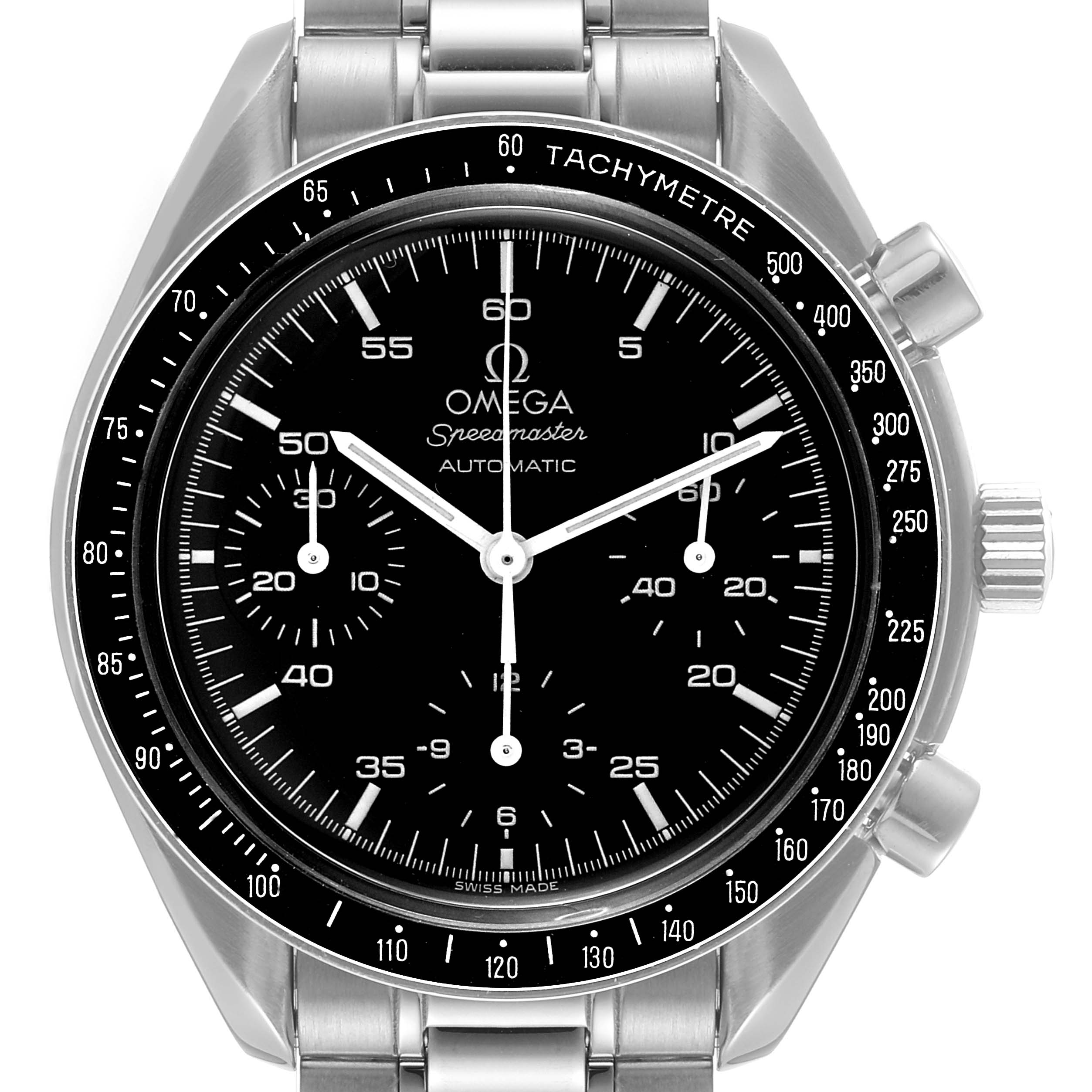 This Omega Speedmaster 3510.50.00 Men
s Stainless Steel Black Dial 3510.50.00 Men
s Stainless Steel Black Dial watch is shown from a front angle, highlighting its dial, bezel, and stainless steel bracelet.